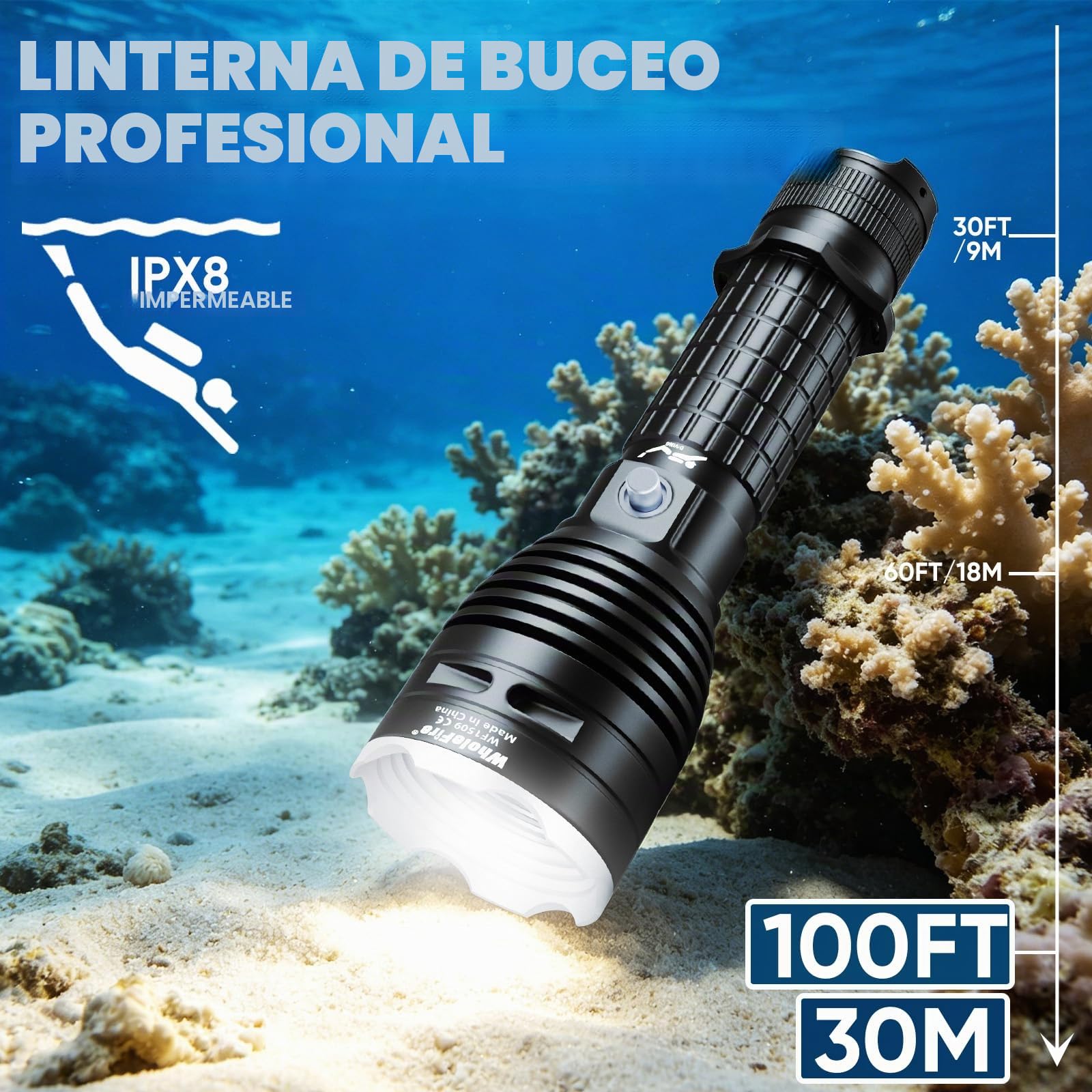 Linterna de buceo subacuática de 2000 lúmenes, linterna LED de buceo con 3 modos, luz LED de buceo nocturna IPX8 a prueba de agua, profesional para esnórquel
