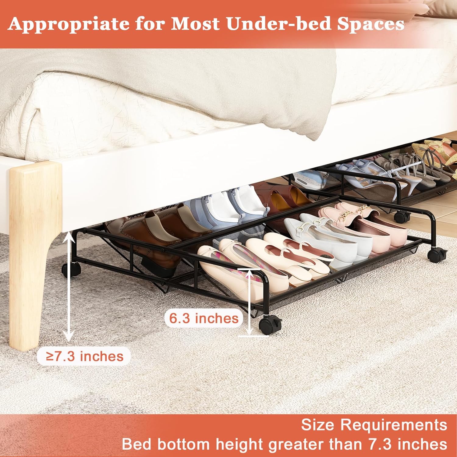 Under Bed Shoe Storage Organizer, 2 Pack Metal Mesh Under Bed Storage Containers with Wheels, Shoe Organizer Drawer Space Saving for Bedroom