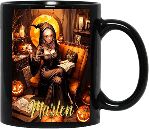 Personalized Beautiful Marlen Witch Custom Name Witch Mug, Personalized Halloween Cup, Witch Mug with Your Name or Text in Black Mug 11oz Black