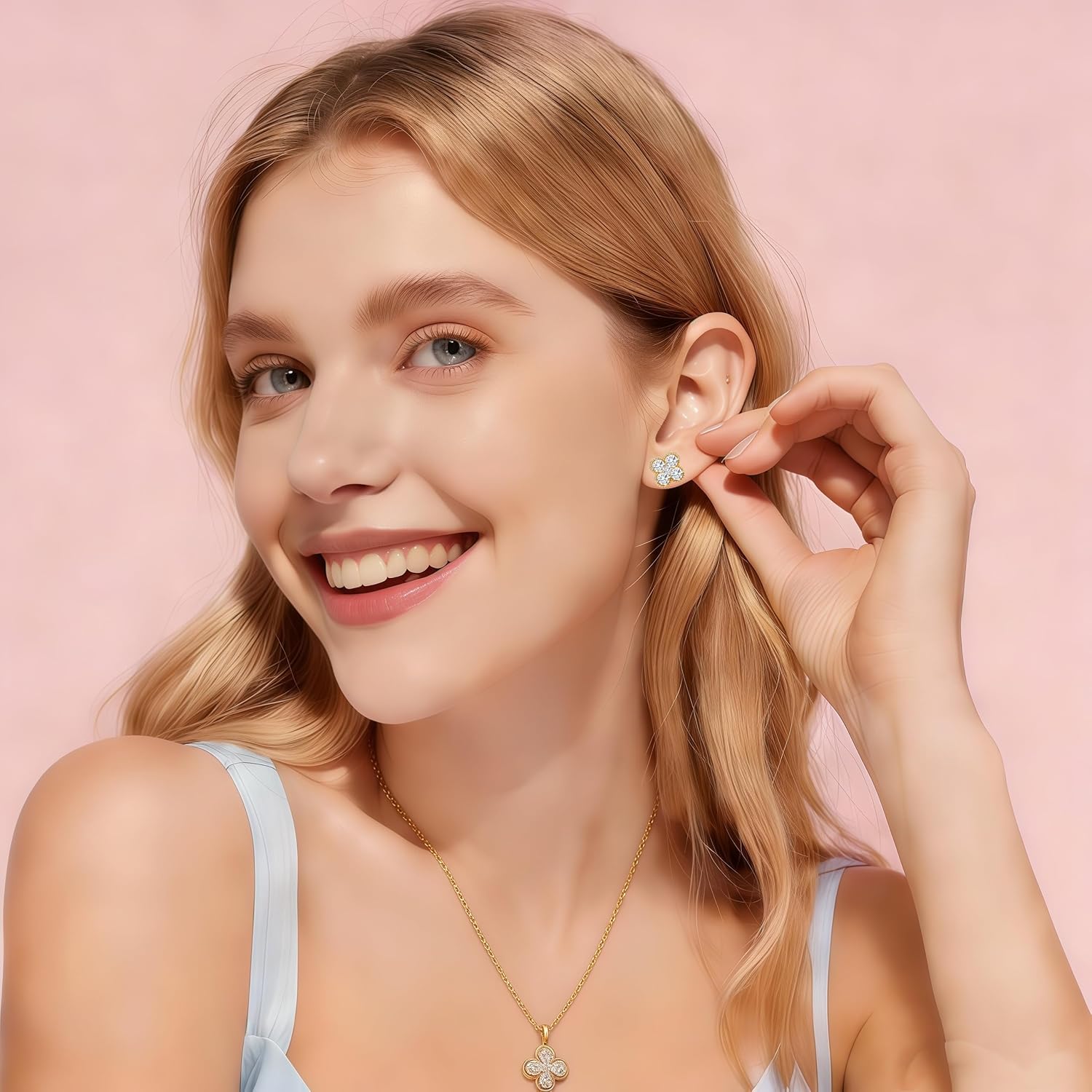 Clover Necklace and Stud Earrings Jewelry Set 14K Gold Plated Dainty Four Leaf Lucky Choker Charm Necklace Clover S925 Sterling Silver Stud with Gift Box Birthday Gifts for Women ﻿ - Image 3