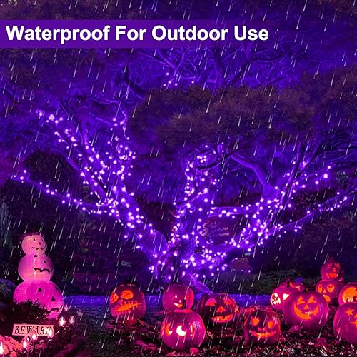 Miniatura 6 de TURNMEON Tira de luces LED moradas de Halloween de 50 pies a 150 pies para exteriores, funciona con pilas, cable negro con impermeable,