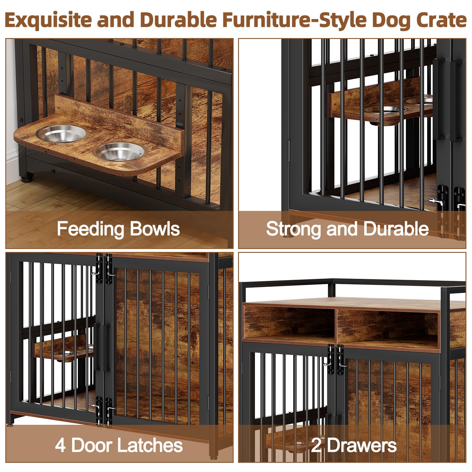 Hundekäfig Möbel Mit Lagerregal, 122x76x110Cm, Hundebox Möbel Mit 360° Drehbaren Hundenäpfen Und Mit 2 Türen, Hochbelastbarer Hundekäfig Für Zuhause, Hundeschrank Für Große Und Mittlere Hunde