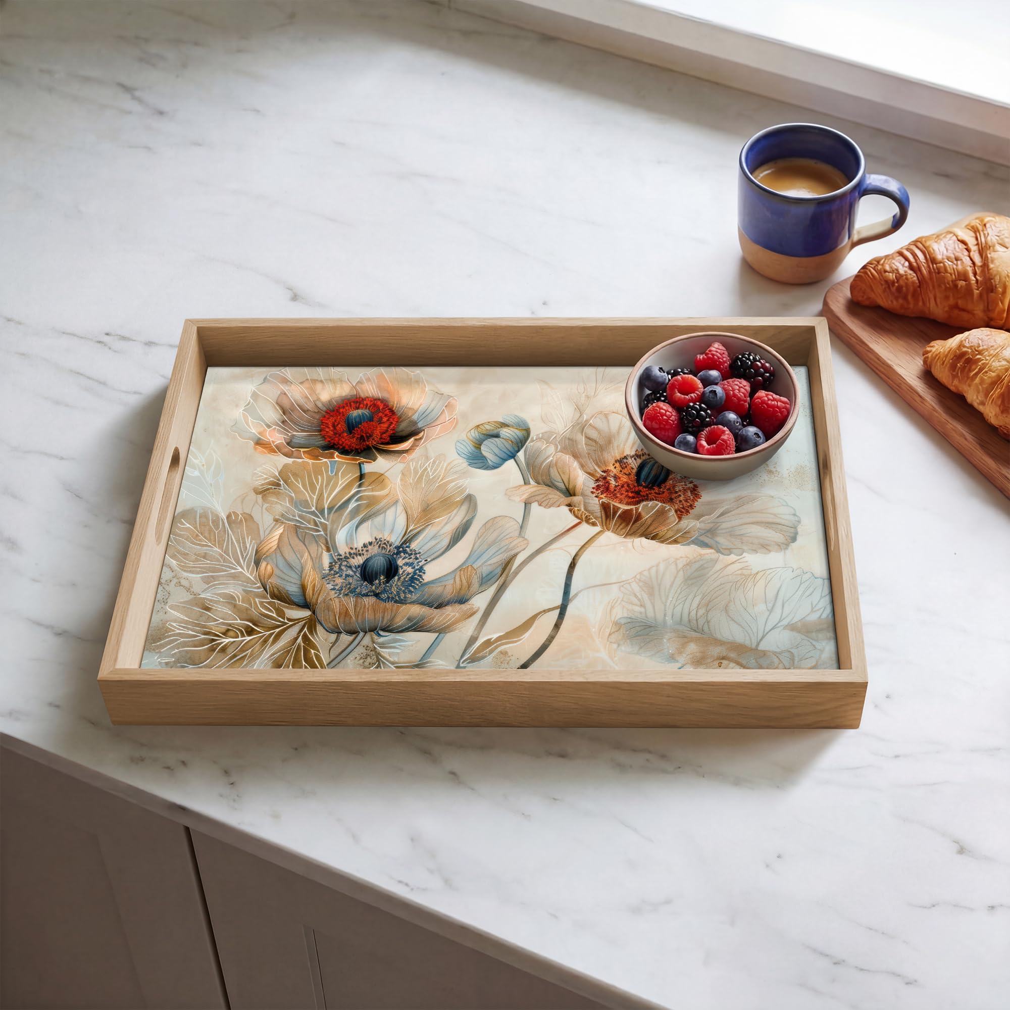 Bandeja Madera De Roble Rectangular 50x35 cm Bandejas Desayuno para Servir Comida Cocina Resistente Al Calor Cafe Tray Tabuleiro Flores - Beige - Moderno - Ilustración