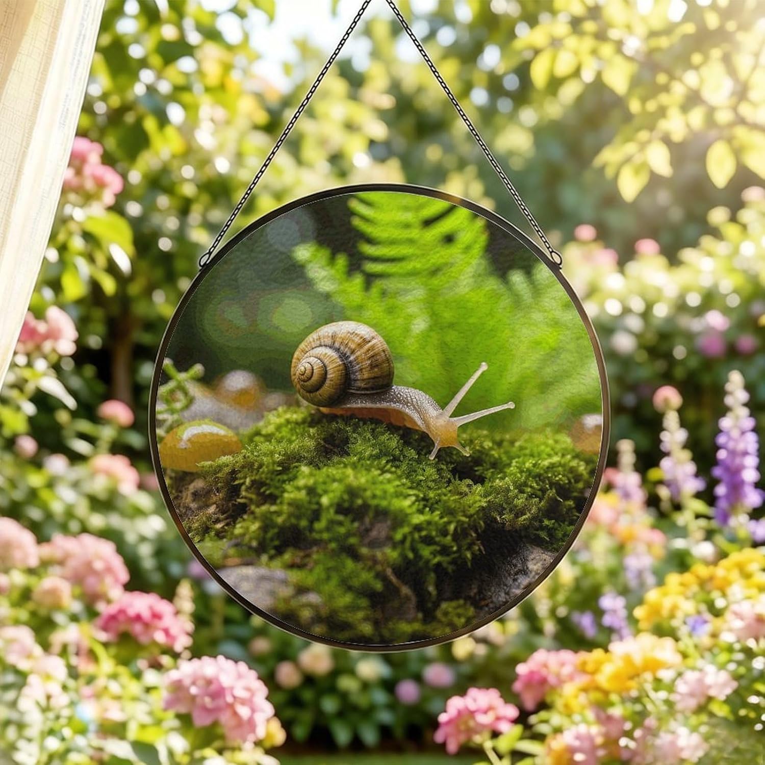 Stained Glass Window Hanging Sun Catcher with Chain Outdoor Garden Decor