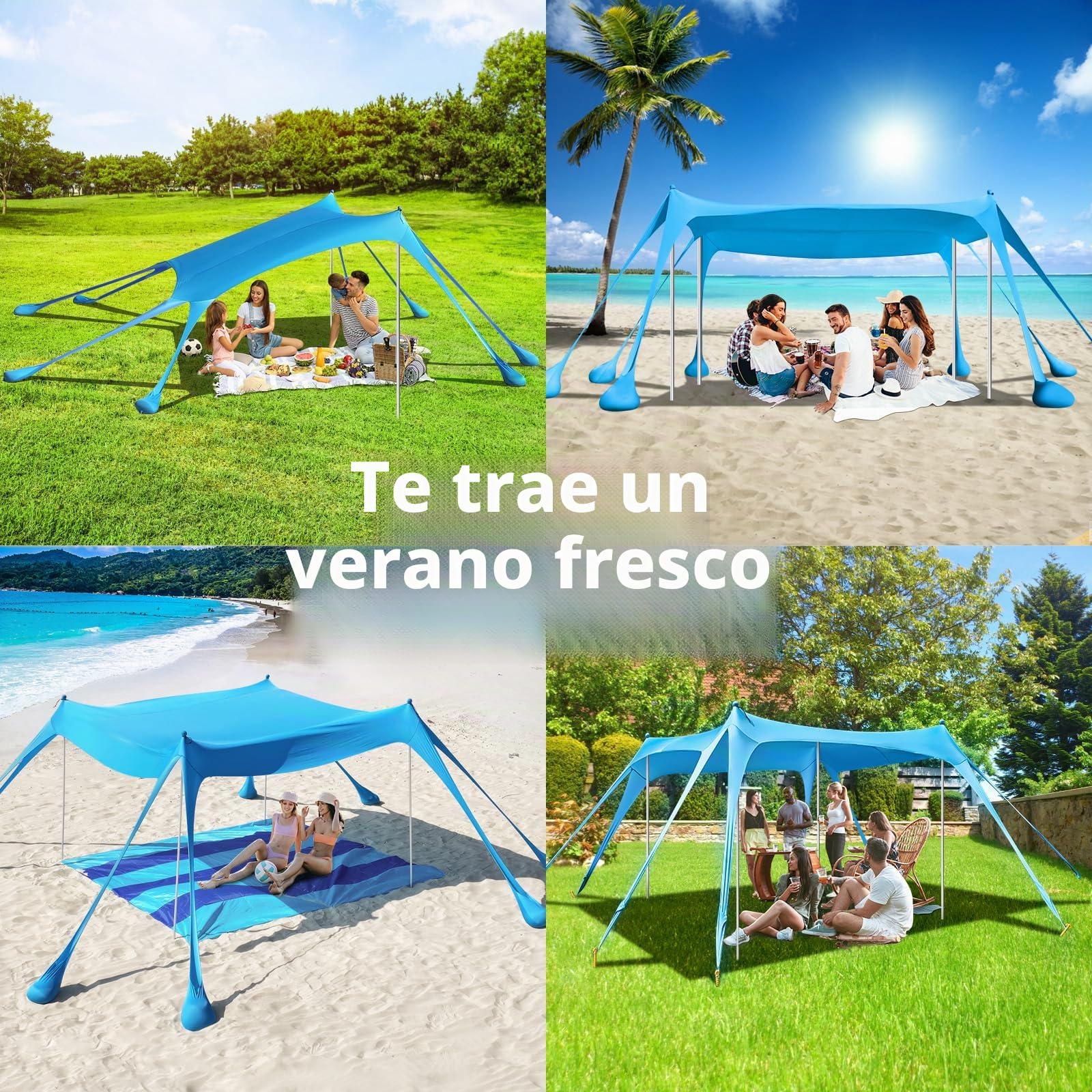 Rhino Valley Tienda de Playa Plegable, Toldo de Playa Portátil Protección UV UPF50+ Resistente Viento con Sacos de Arena Clavijas Tierra Carpa Aire Libre Acampada