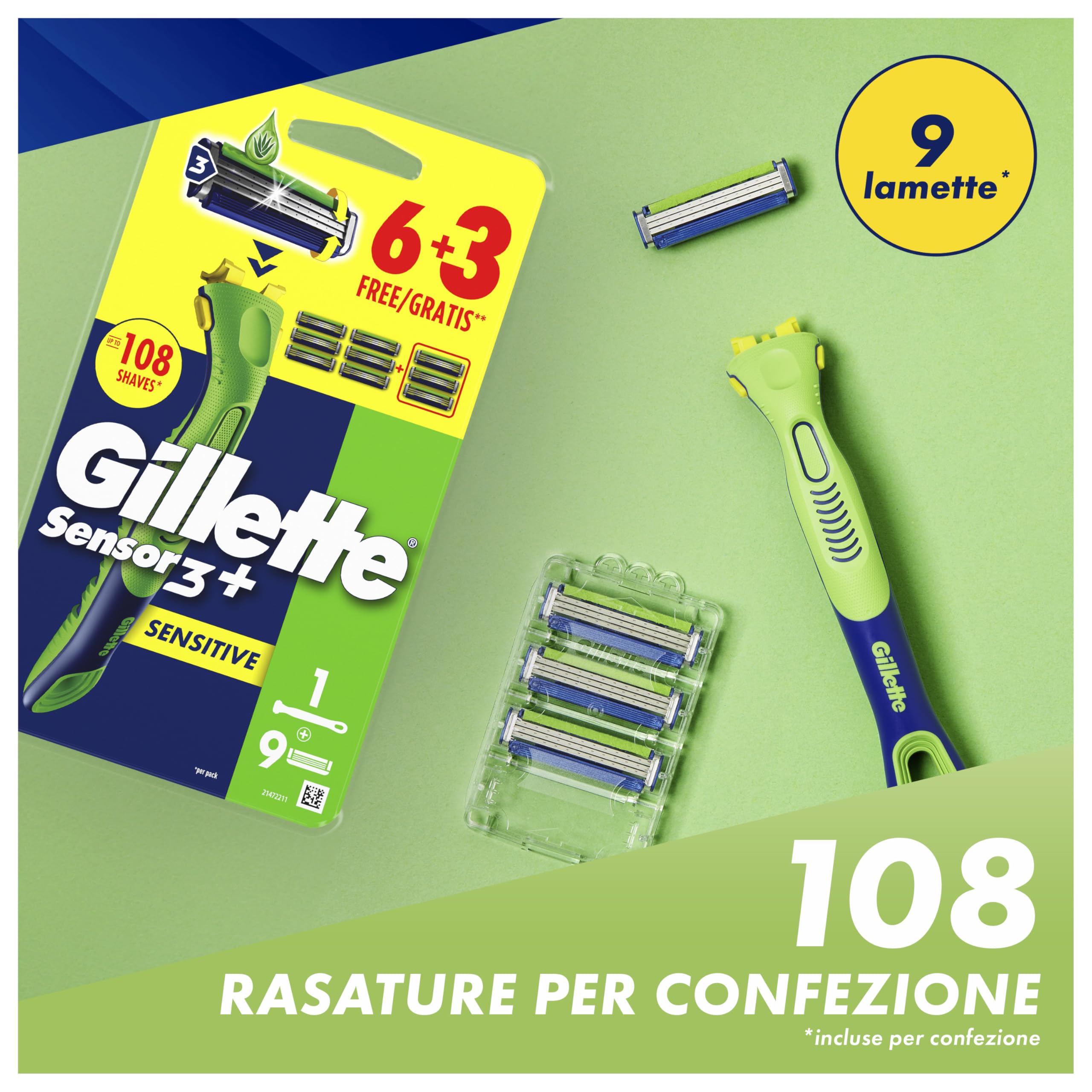 Gillette Sensor 3+ Sensitive Rasoio Da Uomo Con Testina Oscillante A 40° E 3 Lame Delicate Sulla Pelle, 1 Manico Ergonomico + 9 Lamette Di Ricambio