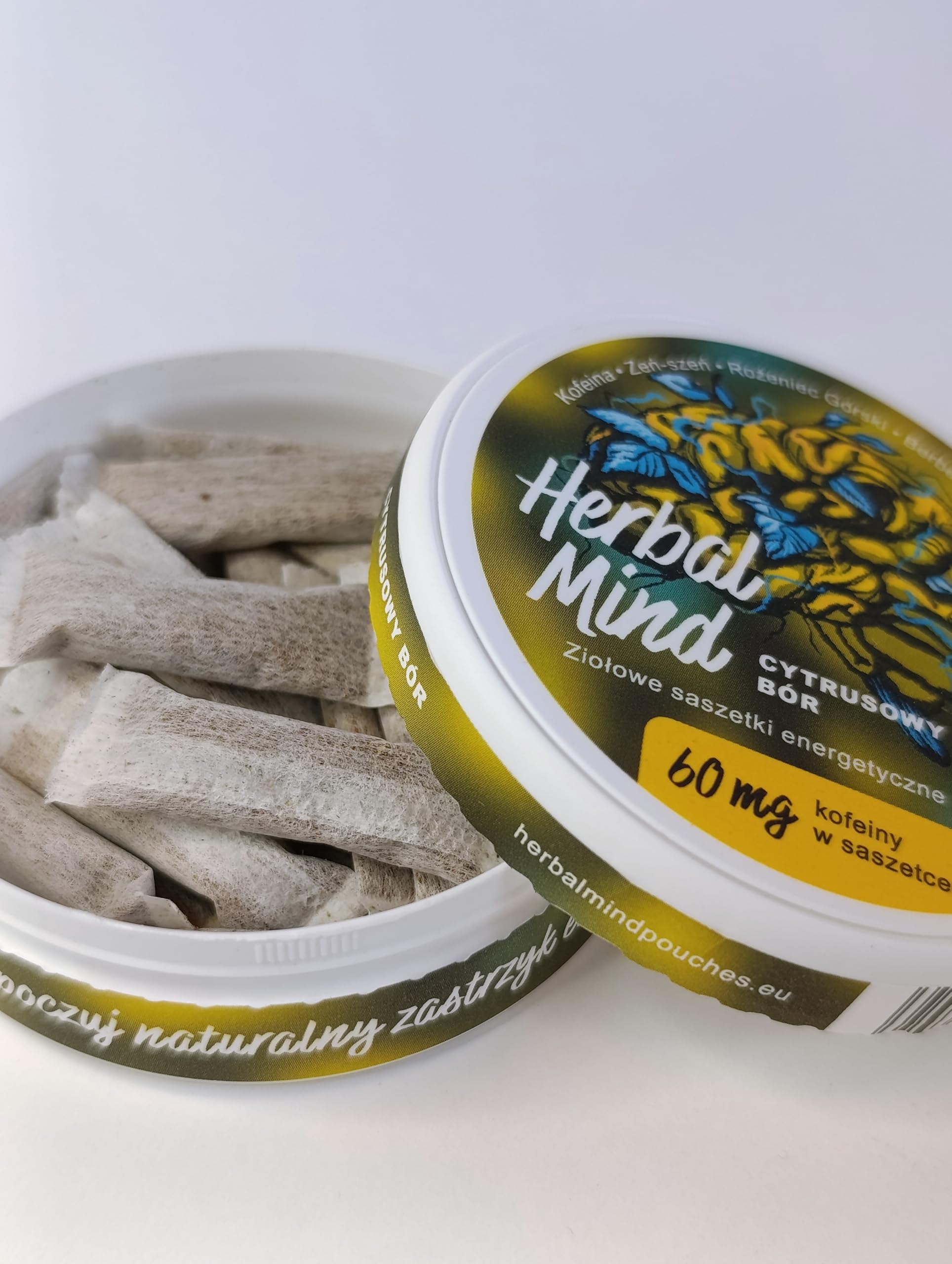 HerbalMind Ziołowe saszetki energetyczne kofeina, kanna Starter Pack 4 smaki. Snusy kofeinowe z adaptogenami bez nikotyny. Woreczki energetyczne Herbal Pouches Żeń-szeń, Rózeniec górski, snus