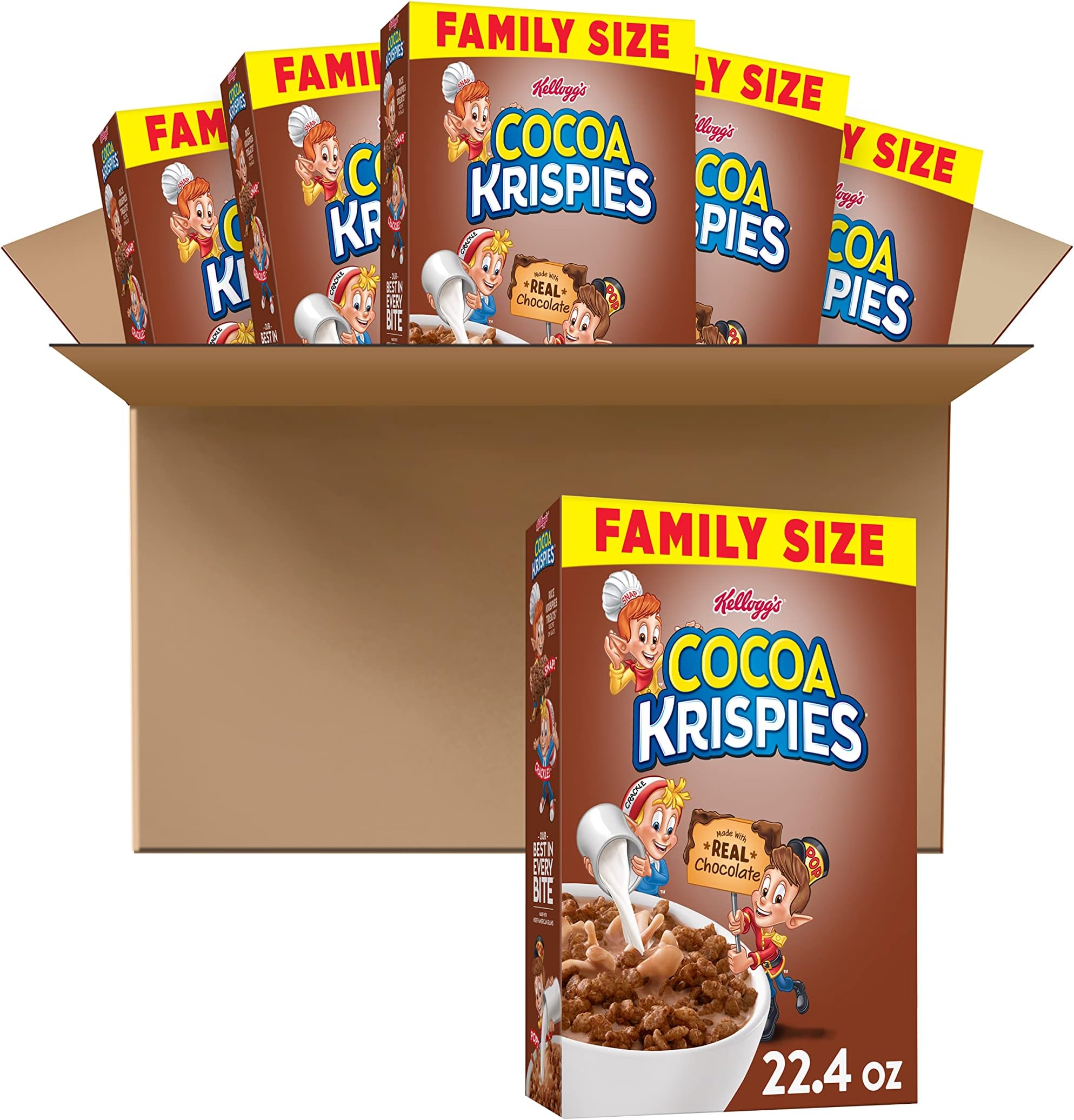 Cocoa Krispies, Breakfast Cereal, Low Fat Food, Family Size, 22.4oz Box(Pack of 6)