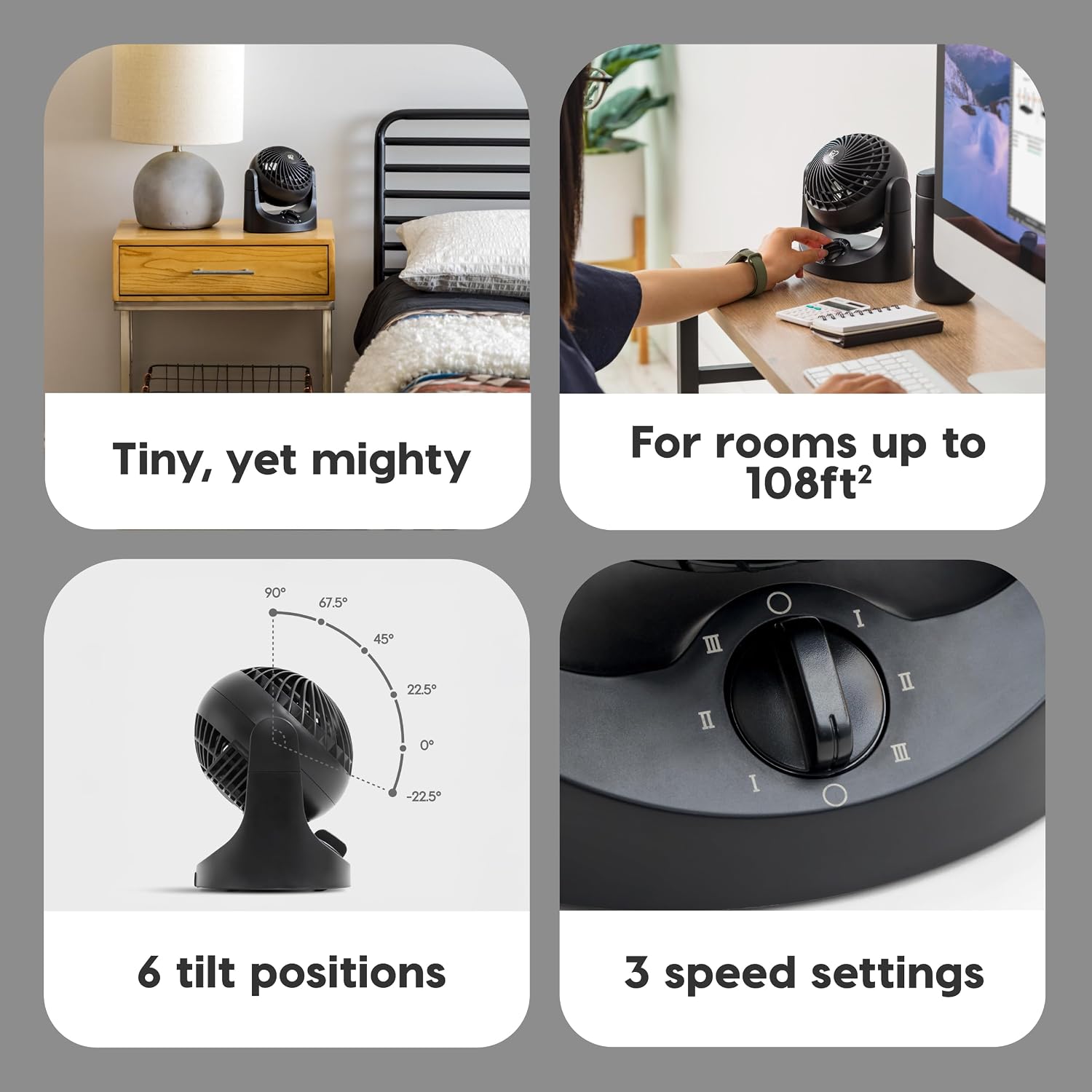 IRIS USA WOOZOO Mini Desk Fan, Air Circulator, 3 Speeds, 32ft Max Air Distance, 108ft² Coverage, 112° Adjustable Vertical Tilt, 27db Quiet Motor, Small Fan for Bedroom, Office, Dorm, Black (HE10N)