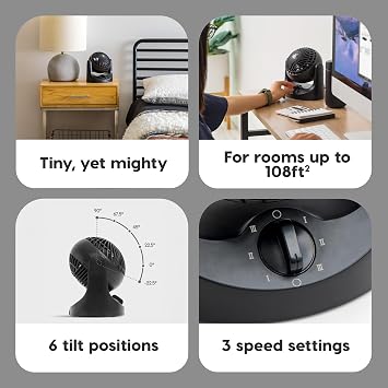 IRIS USA WOOZOO Mini Desk Fan, Air Circulator, 3 Speeds, 32ft Max Air Distance, 108ft2 Coverage, 112 Adjustable Vertical Tilt, 27db Quiet Motor, Small Fan for Bedroom, Office, Dorm, Black (HE10N)
