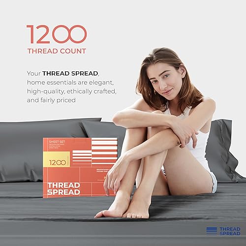 Miniatura 8 de THREAD SPREAD 100% algodón egipcio tamaño King - Juego de sábanas de 1200 hilos de algodón egipcio de lujo, tamaño King, bolsillo profundo de 17",