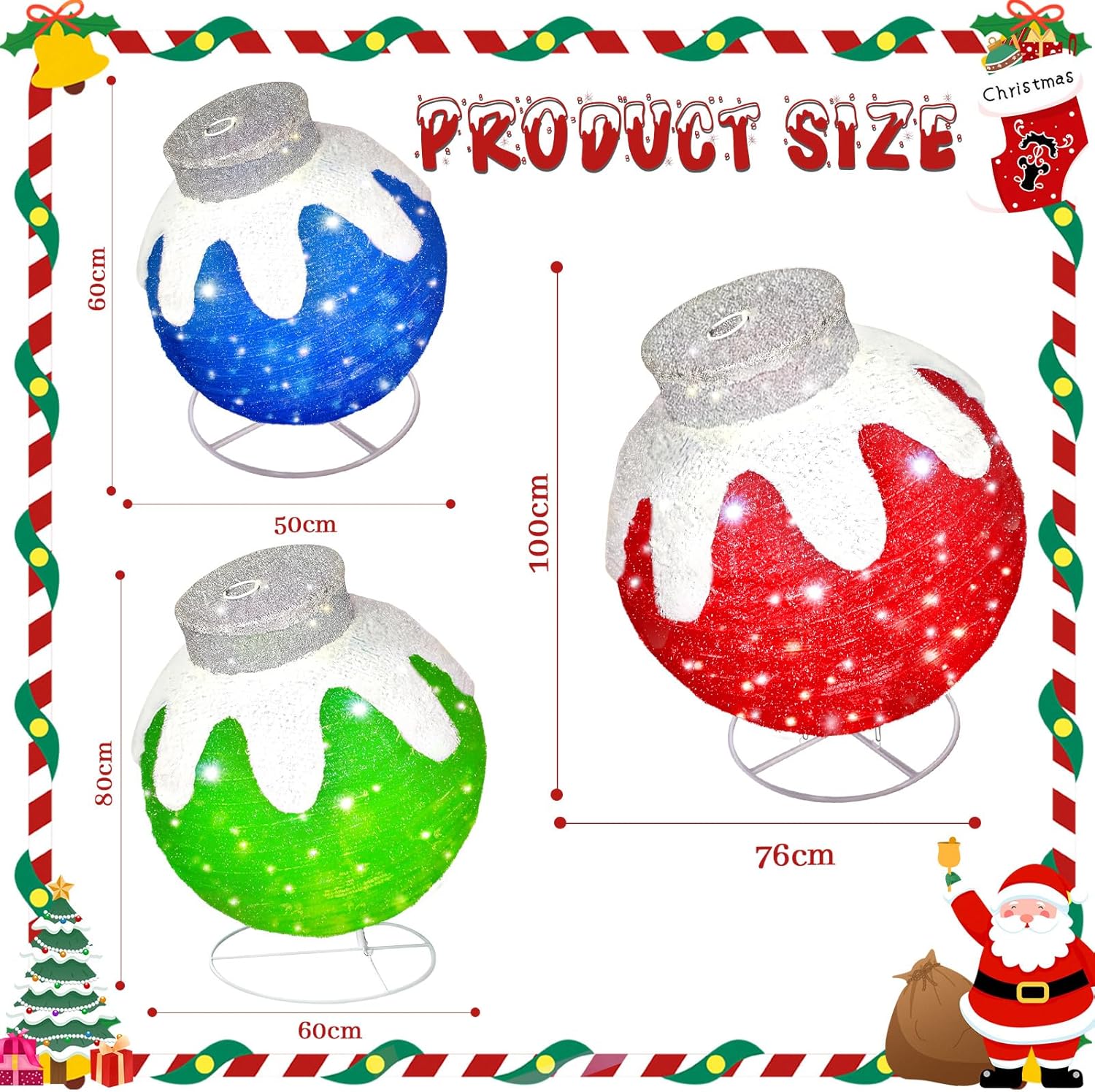 Lighted Pop-Up Outdoor Christmas Balls Decoration, 3-Piece Outdoor Christmas Ornaments with 240 LEDs, 8 Lighting Modes, Collapsible Lighted Hanging Pop-Up Ball for Home Yard