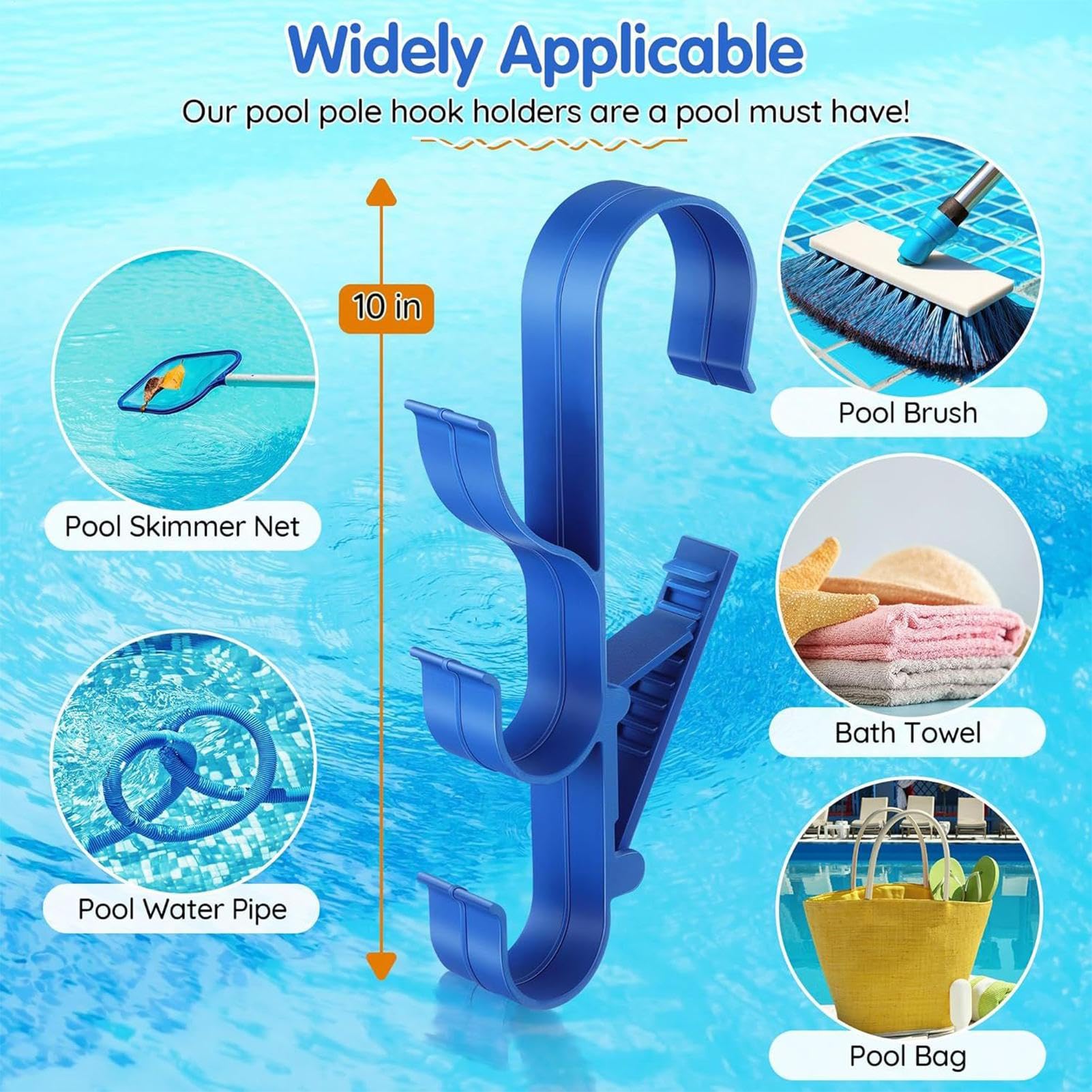 Ganci per piscina, portaoggetti per piscine, 30,5 x 13,5 x 3,5 cm, supporto resistente con set da 2 pezzi e clip per gancio a bordo piscina, uso esterno per foglie, rastrelli, reti, asciugamani