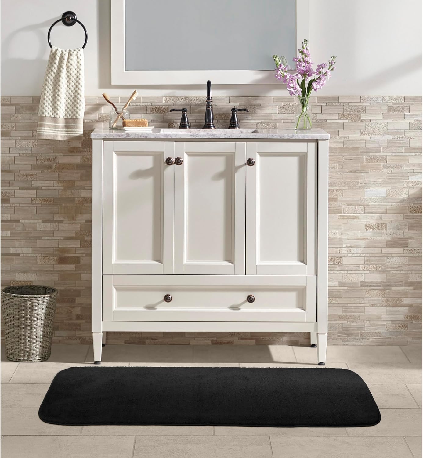 Garland Rug Gramercy Washable Bath Rug – Soft, Plush, Absorbent, Quick-Dry, Durable, 22 in. x 60 in., Black