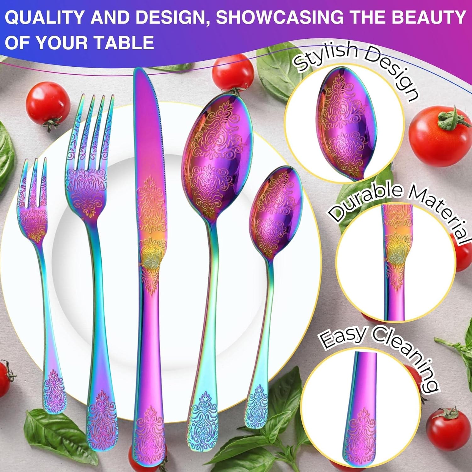 Vilihkc Colorful Flatware Set 20 Piece, Stainless Steel Rainbow Silverware Cutlery Set for 4, Utensils Set Include Knives Forks Spoons, Mirror Finish and Dishwasher Safe
