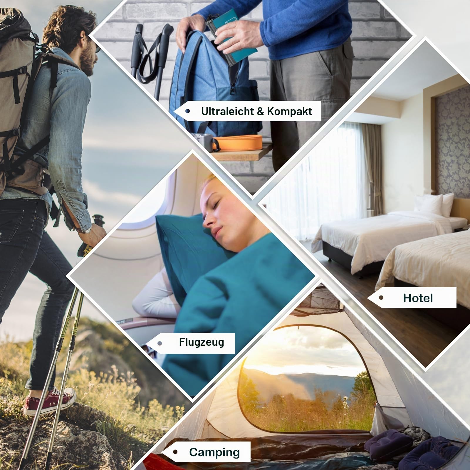 Hüttenschlafsack, Schlafsack kleines packmaß nur 280 g aus neuartiger Satin wie Seide, Ultra leicht, Klein und Dünn Seidenschlafsack, Ideal für Backpacking, Hostels und Berghütten