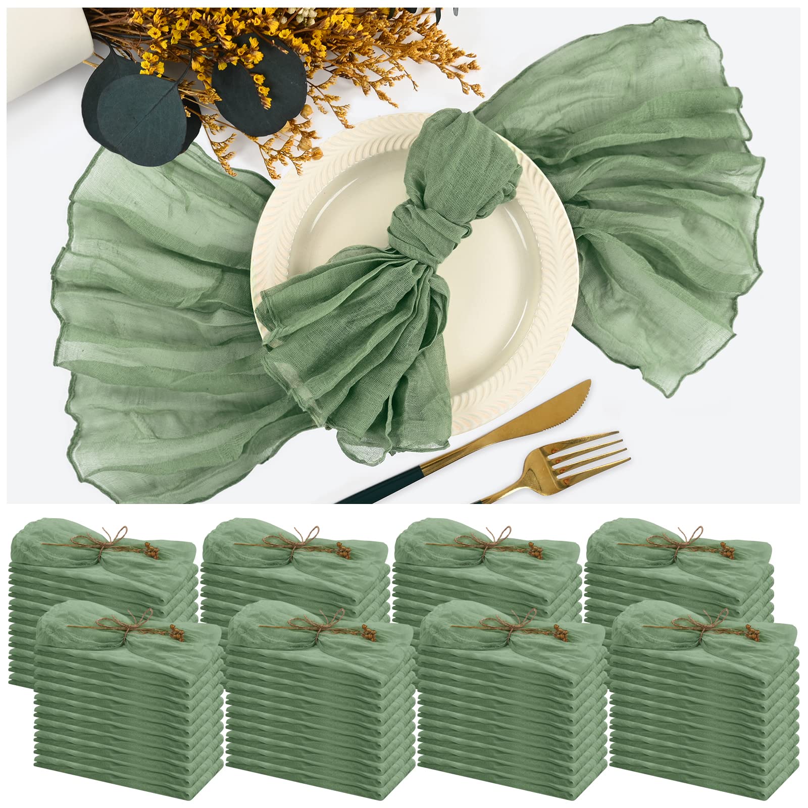84 Paquetes Servilletas de Gasa Verde Salvia, 50x50 cm, Lavables, Estilo Boho, para Cena, Bodas, Baby Shower, Cumpleaños