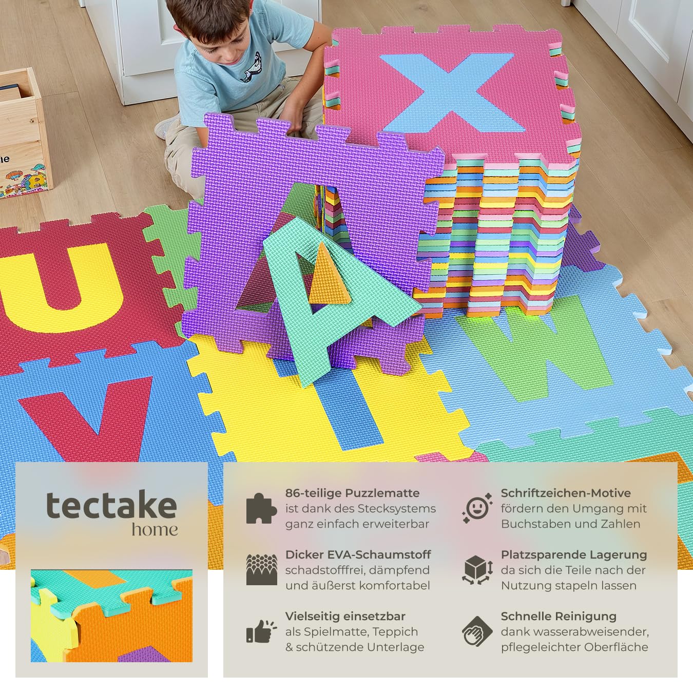 tectake® 86-teilige Puzzlematte Baby, Spielmatte Baby 3,6 m² Grundfläche, Krabbelmatte aus Eva Foam Schaumstoff, Lernteppich Schaumstoffplatte Buchstaben und Zahlen, Bodenschutzmatte, Puzzle Teppich