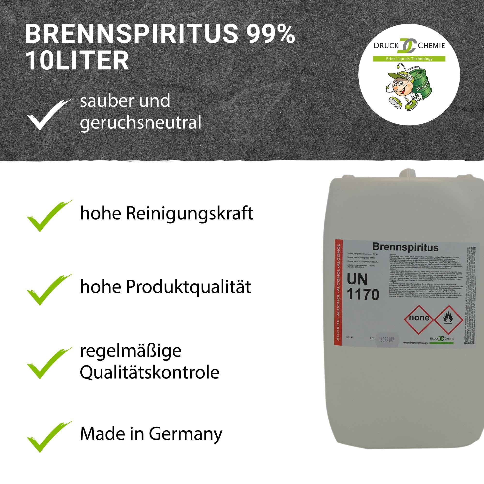 DC DruckChemie GmbH Brennspiritus 10L, 99% - Alleskönner für Haushalt, Freizeit & Handwerk - Reinigungs Spiritus, Kaminbrennstoff