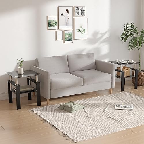 Miniatura 5 de Juego de 3 mesas auxiliares y mesa auxiliar de cristal, diseño clásico de 2 niveles, parte superior de vidrio templado y patas de metal sólido, uso