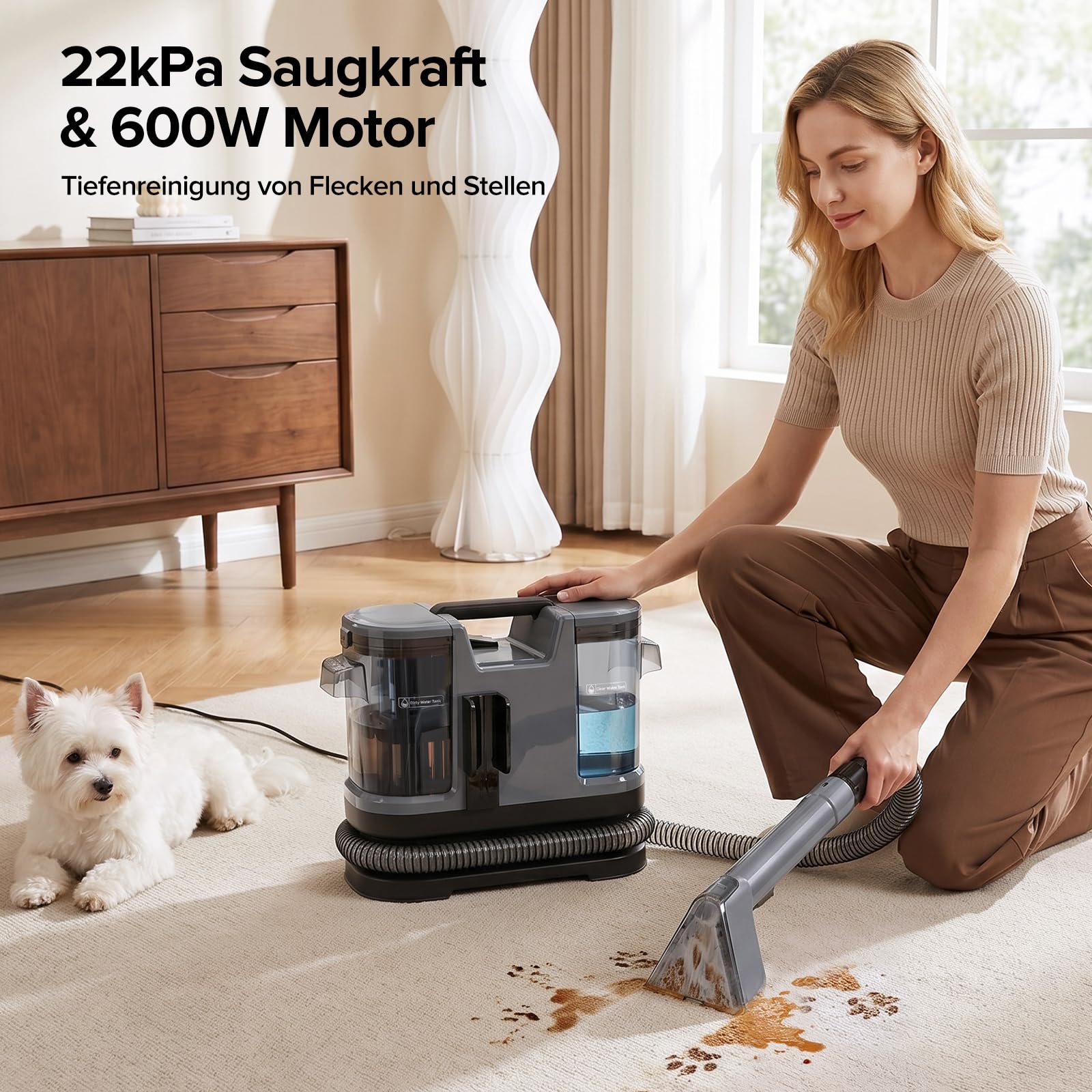 Lubluelu Limpiador de almohadas 600 W - 22 kPa limpiador de alfombras portátil con función de autolimpieza y manguera larga para alfombras, sofás y coches | Aspirador de lavado en húmedo con manguera larga, grandes tanques de agua y diseño ligero para alf