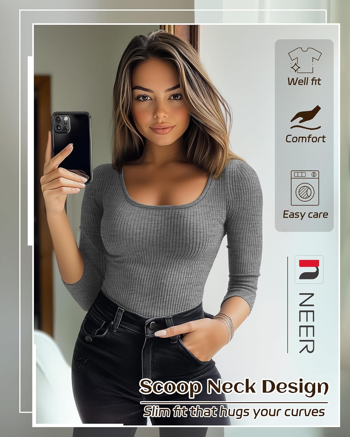 Neer 3 Pack 3/4 Sleeve Tops for Women, Cotton Scoop Neck Ribbed Three Quarter Sleeve Summer Slim T-Shirts Casual Basic Tees - Image 4