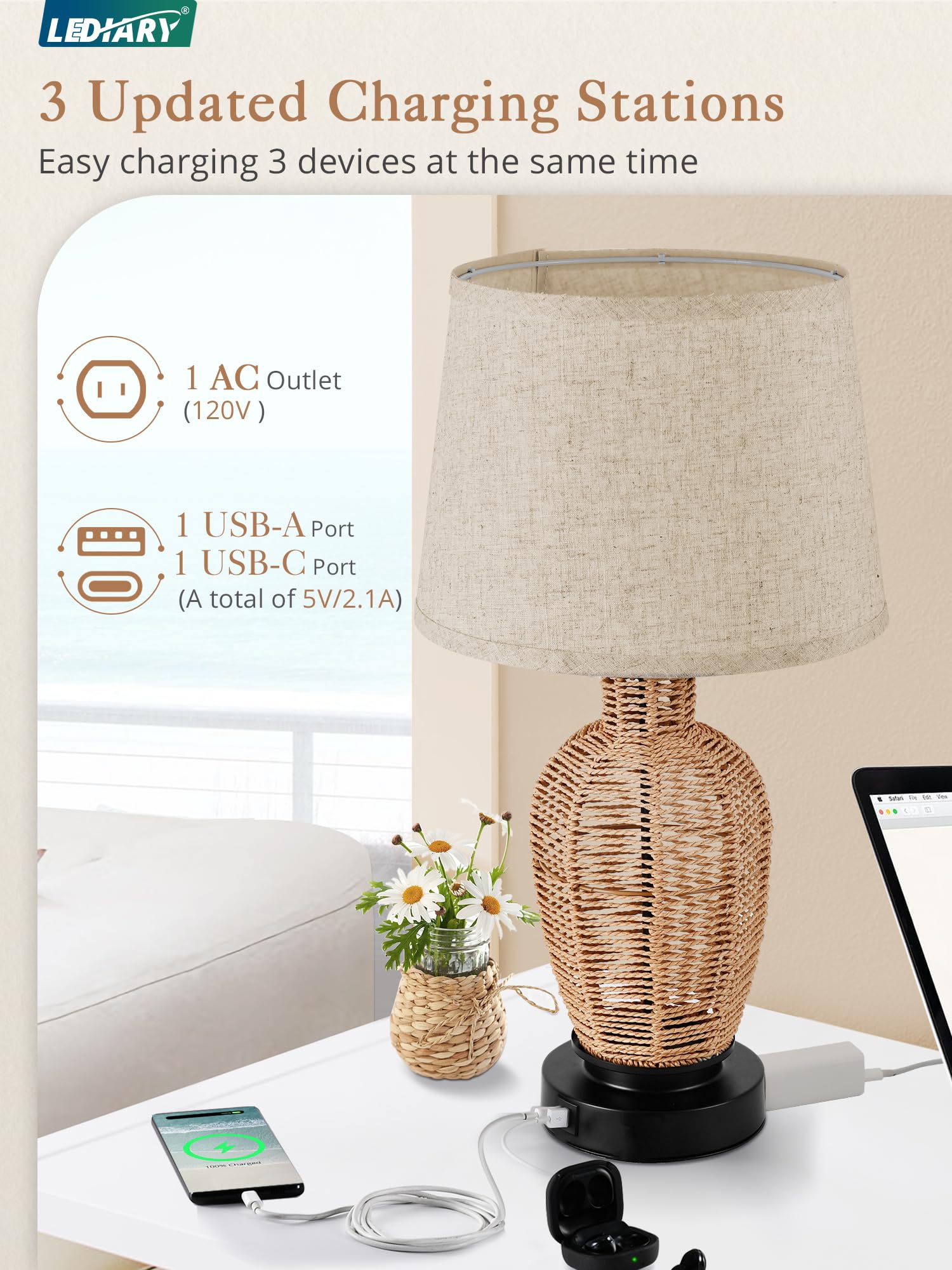 LEDIARY Boho Rattan Table Lamps with USB Ports and Outlets, 0100