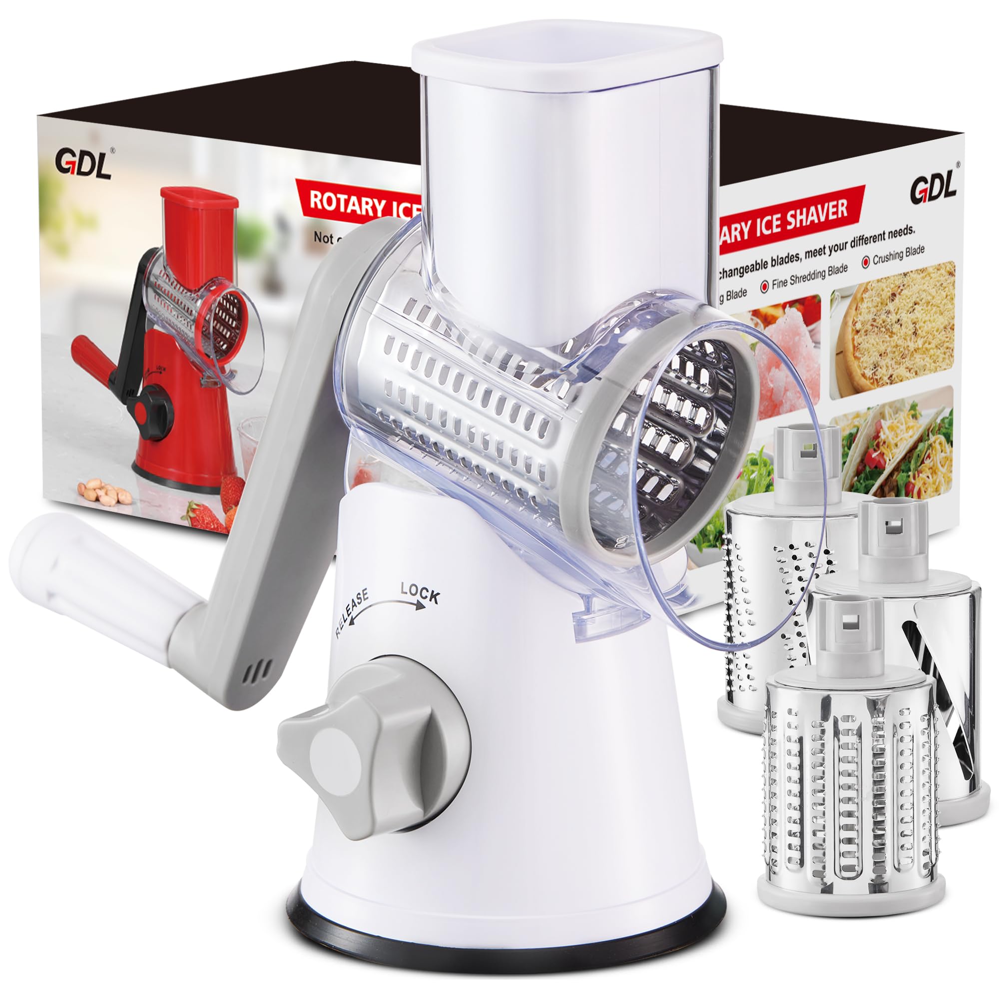 GDL Ice Crusher, Slushy Maker Maschine mit 3 Trommelmessern, Eiscrusher Manuell mit Kurbel Spülmaschinenfest und Schnellschnitt, Crushed Ice Maker Reibe für Eis, Slushy, Gurke, Karotte, Käse (Weiß)