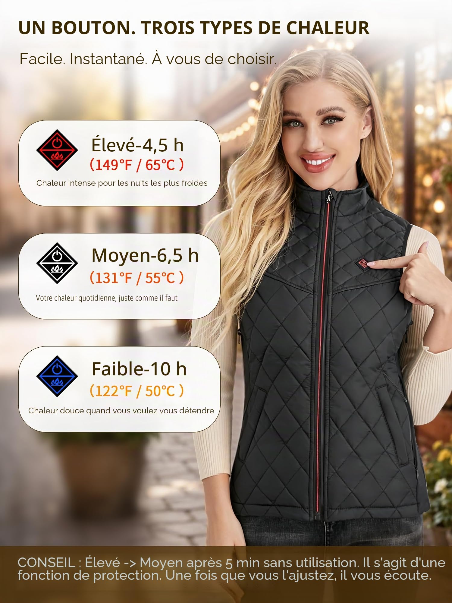 Gilet Chauffant Femme, Veste Chauffante avec Batterie, Électrique Gilet Chauffé avec 5 Zones de Chauffage,3 Niveaux de Température pour Ski en Plein air Randonnée Camping
