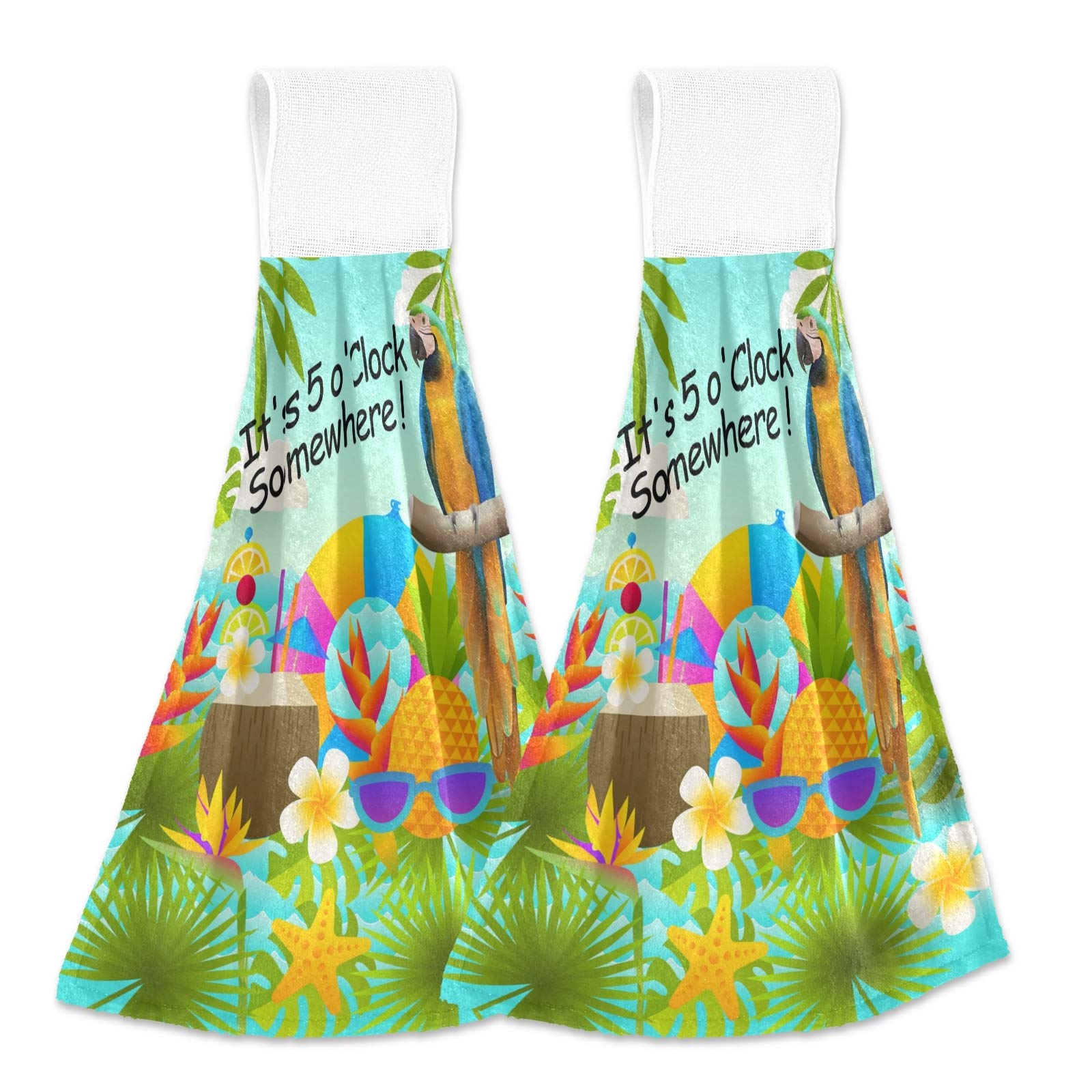 It's 5 O'clock Somewhere Kitchen Hand Towel Summer Parrot Pineapple Fruit Palm Absorbent Hanging Tie Towels with Loop for Bathroom 2 Pcs