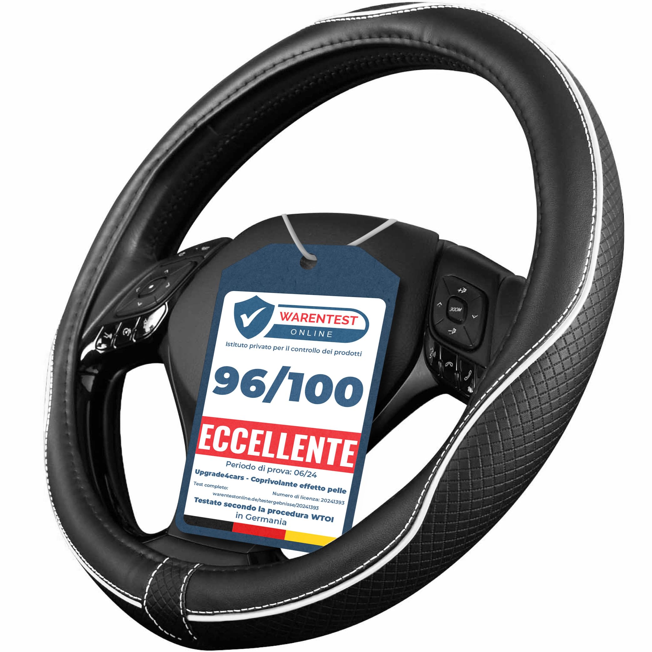 Upgrade4cars Coprivolante Auto Universale Nero Bianco in Finta Pelle | Copertura di Volante Diametro 37-38 cm | Accessori Auto Interno | Regali per Donna e Uomo