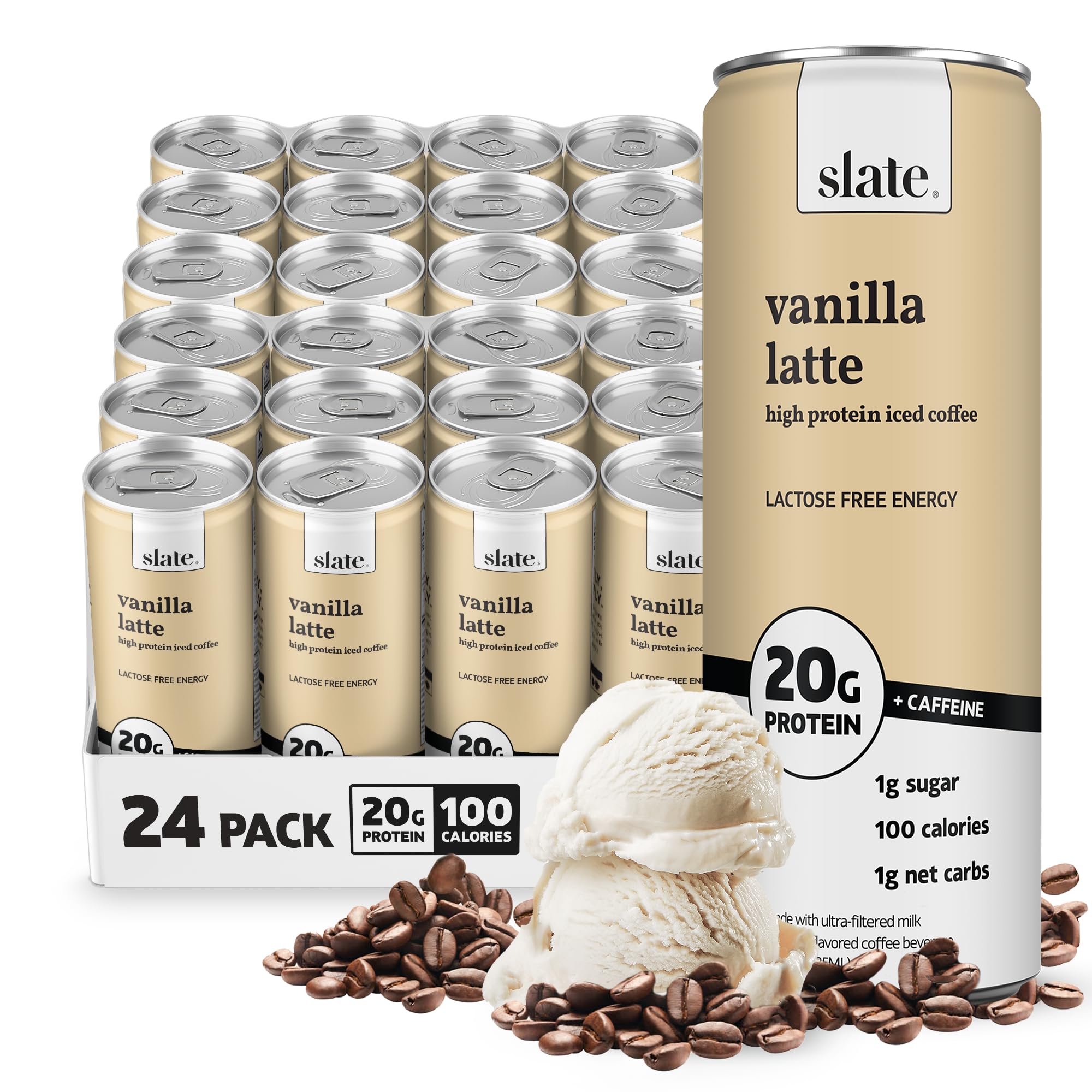 Slate Milk - High Protein Iced Coffee - Vanilla Latte - 175mg Caffeine, Lactose Free Energy - 20g Protein, 1g Sugar, 100 Calories, 1g Net Carbs, No Sugar Added - Protein Coffee - 11 fl oz, 24 Cans