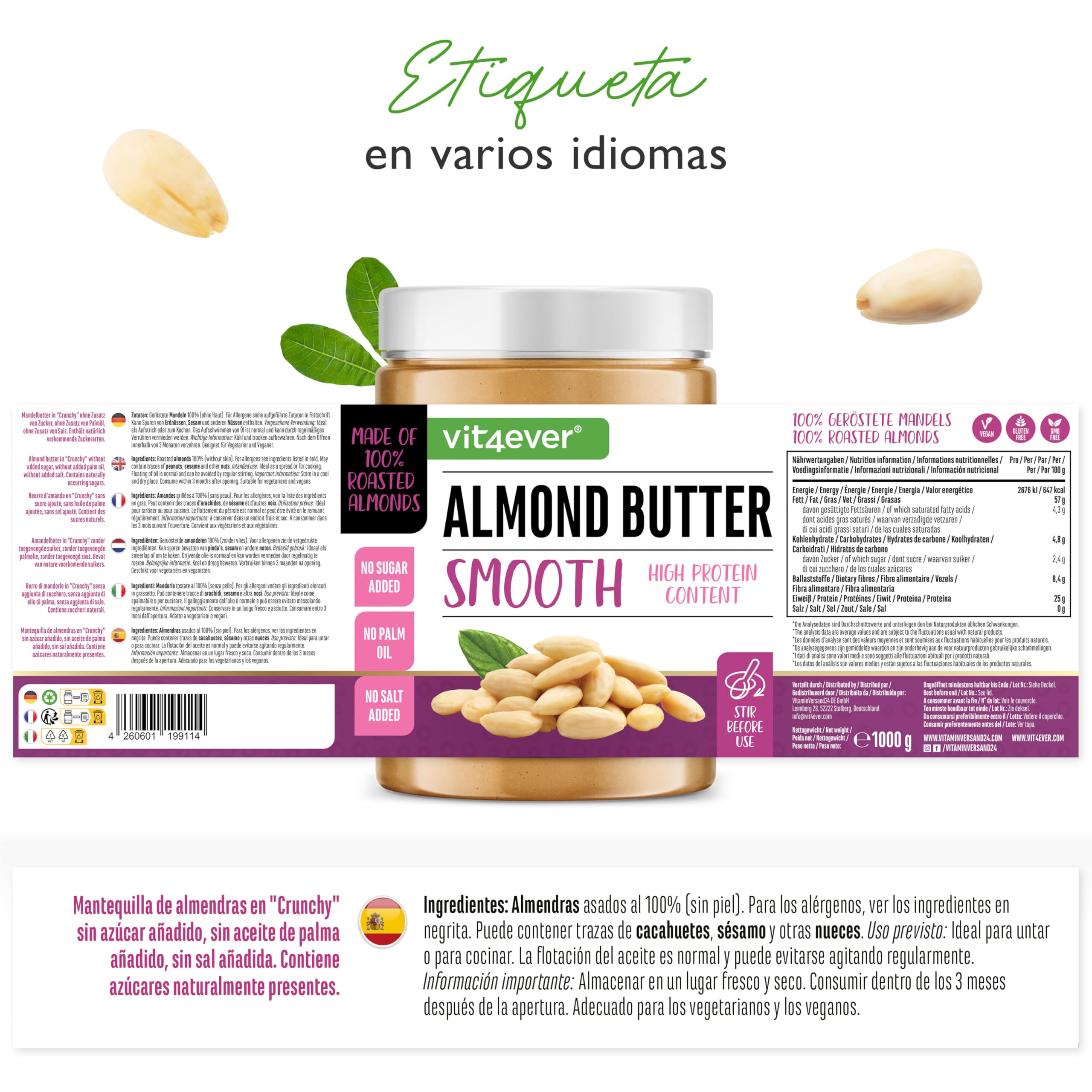 Mantequilla de Almendras Suave - 1kg de mantequilla de almendras natural sin aditivos elaborada con almendras 100% escaldadas - Alta en proteínas - Mantequilla de almendras cremosa sin sal, aceite ni