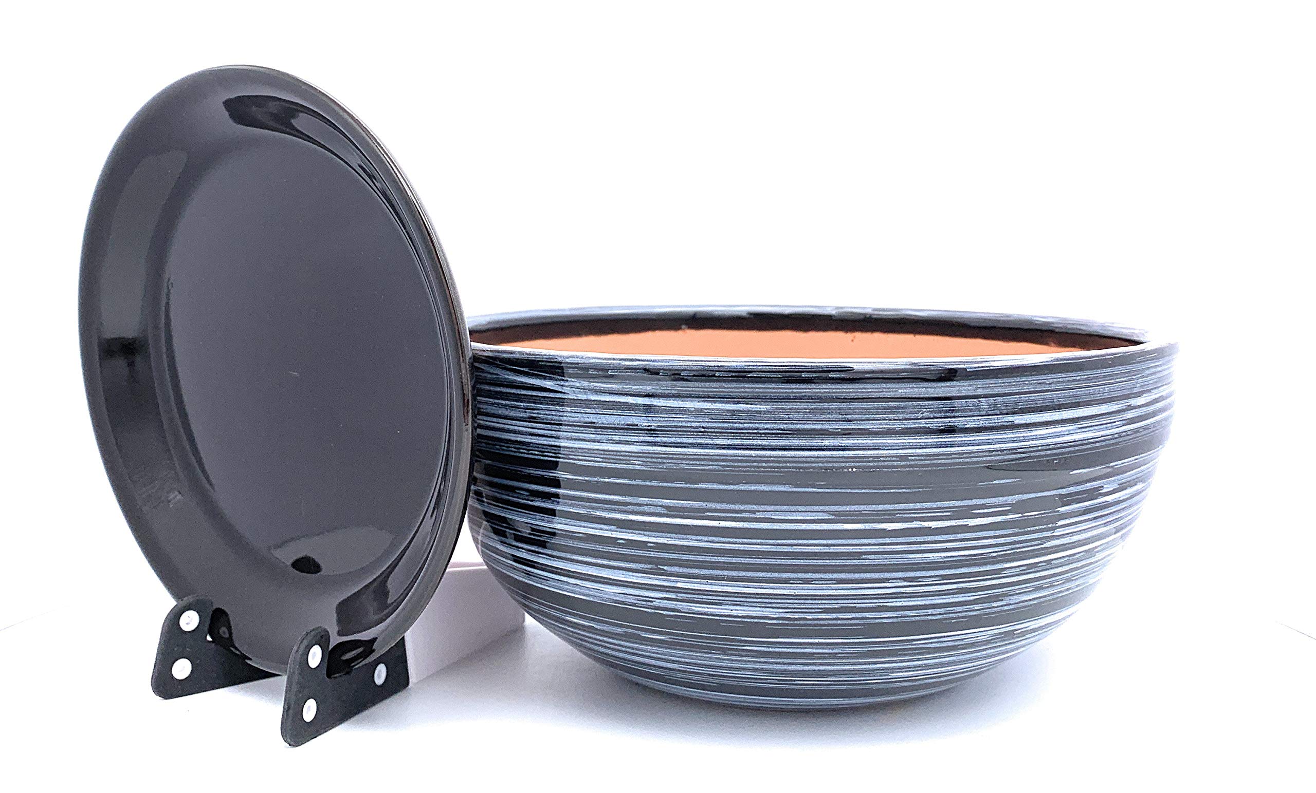 Sun Cakes Ceramic Plant Pot Glazed with Saucer Round Terracotta with Drip Tray Flower Pot Clay Coloured Flower Pot Chitola New (26cm x 13cm, Black)