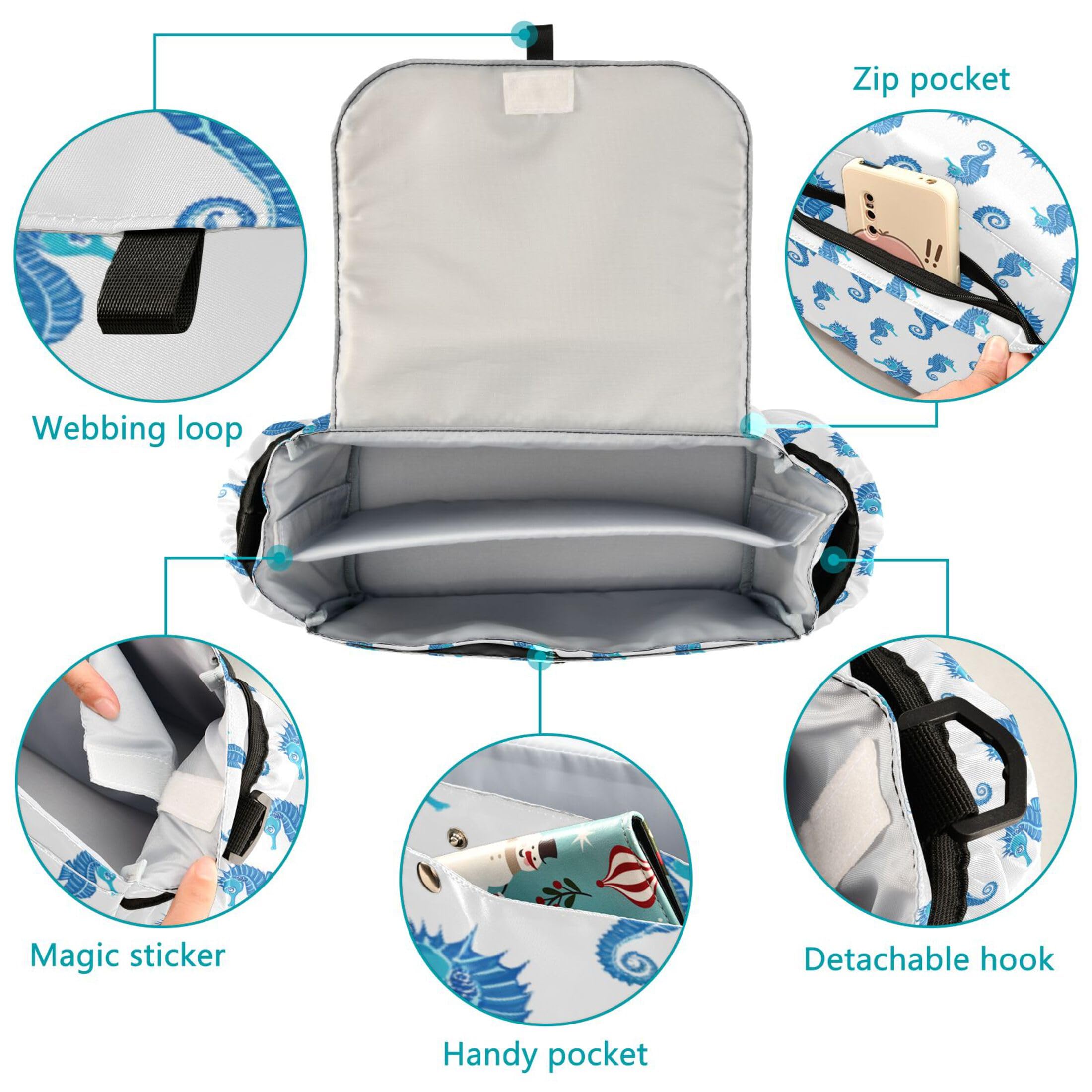 Burbuja Blue Seahorses Stroller Organizer with Insulated Cup Holders, Non-Slip Stroller Caddy Universal Fits Most Strollers, Nursery Accessories