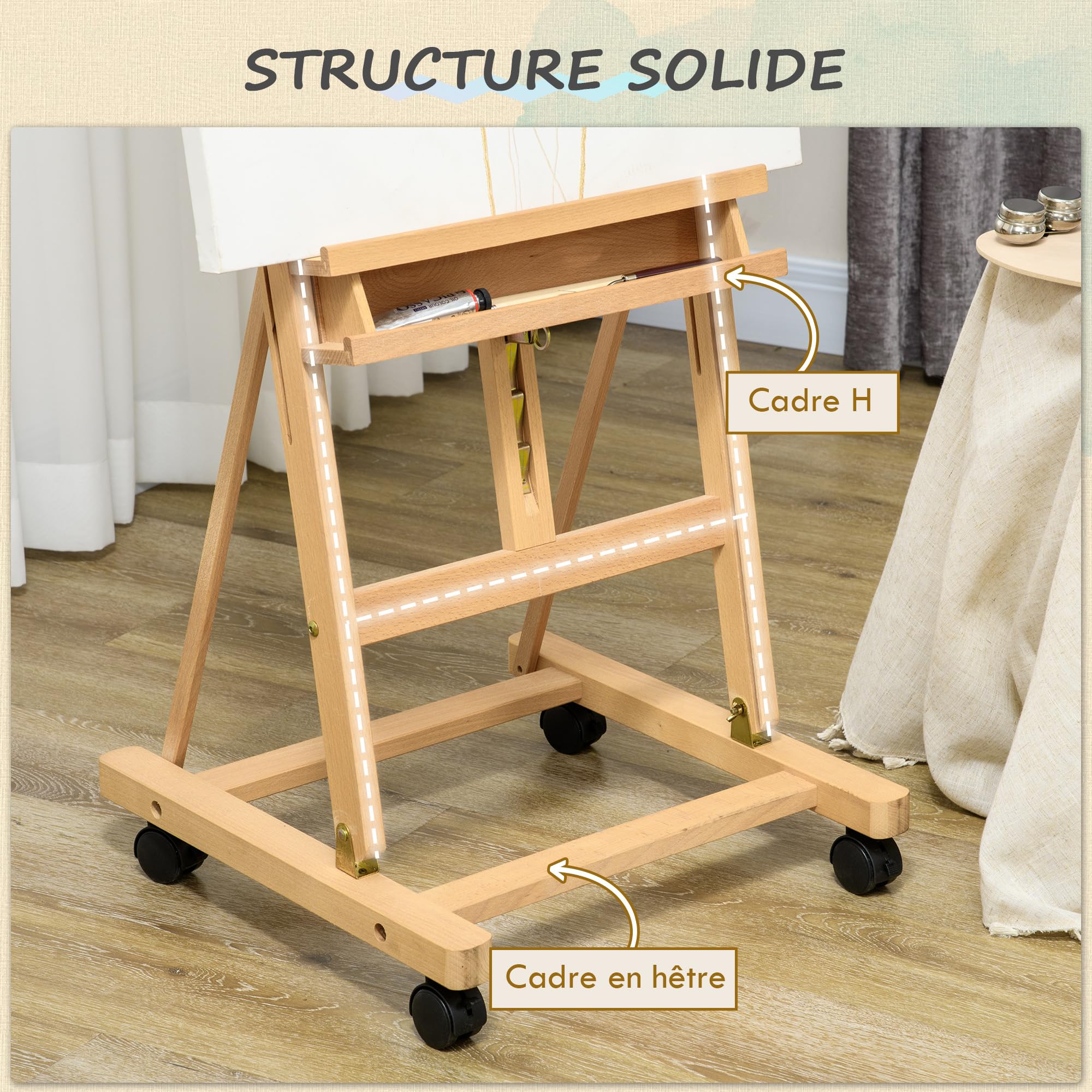 Vinsetto Chevalet d'artiste pliant sur roulettes en bois de hêtre pour toiles jusqu'à 118 cm, hauteur réglable, inclinaison réglable de 90° max. avec porte-pinceau en bois naturel
