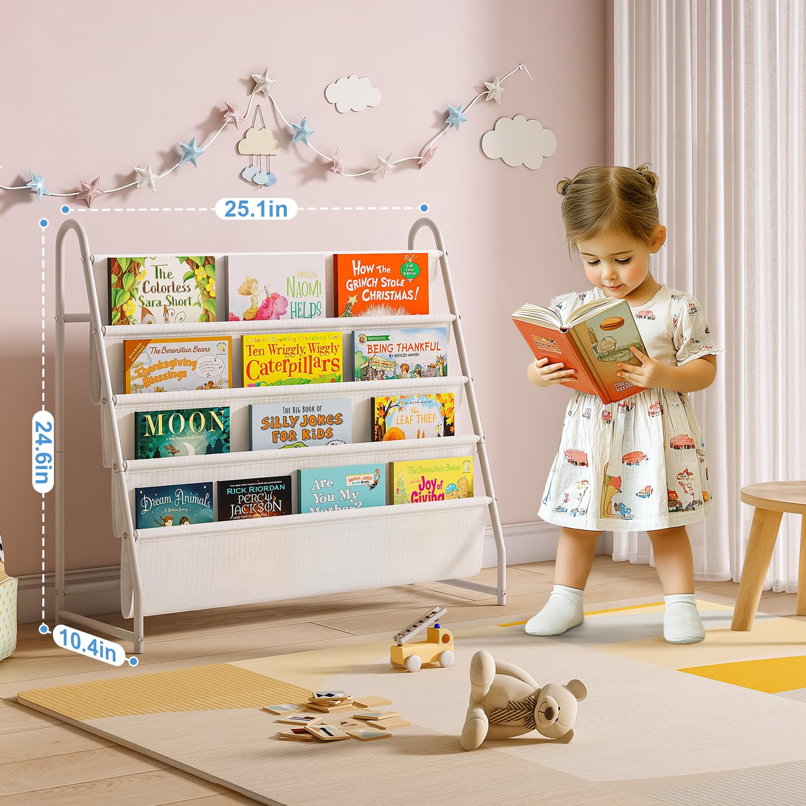 Tatub Kids Bookshelf with 4 Tier Deep Sleeves, Children Montessori Bookshelf Sling Storage Book Rock, Toddler Front Facing Display Book Shelf for Playroom Nursery Bedroom Classroom