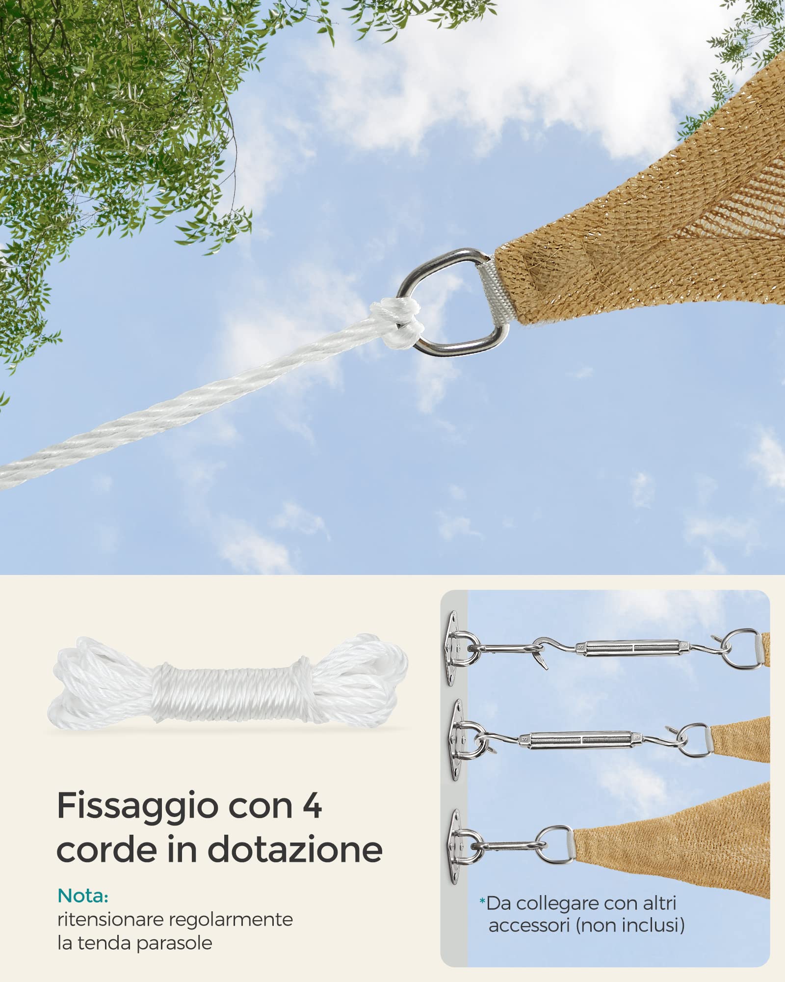 SONGMICS Vela Parasole 3 x 3 m, Tenda da Sole in Tessuto HDPE, Permeabile all'Aria e all'Acqua, Giallo Sabbia