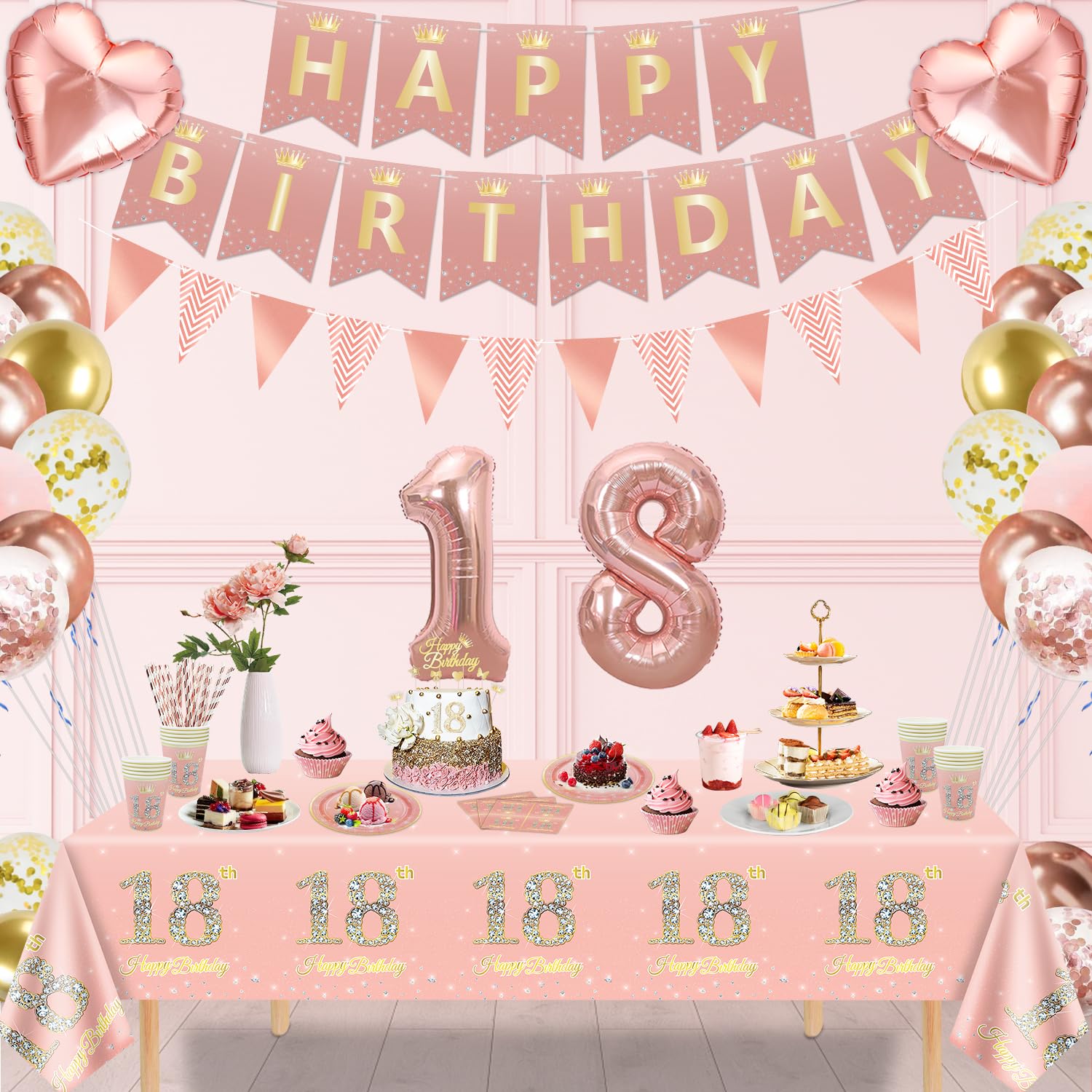 179 PCS 18th Birthday Decorations for Girls Rose Gold 18th Birthday Party Decoration Happy 18th Birthday Supplies Tableware Set-Plates, Napkins, Pink 18th Birthday Banner for 20 Guests - Image 3