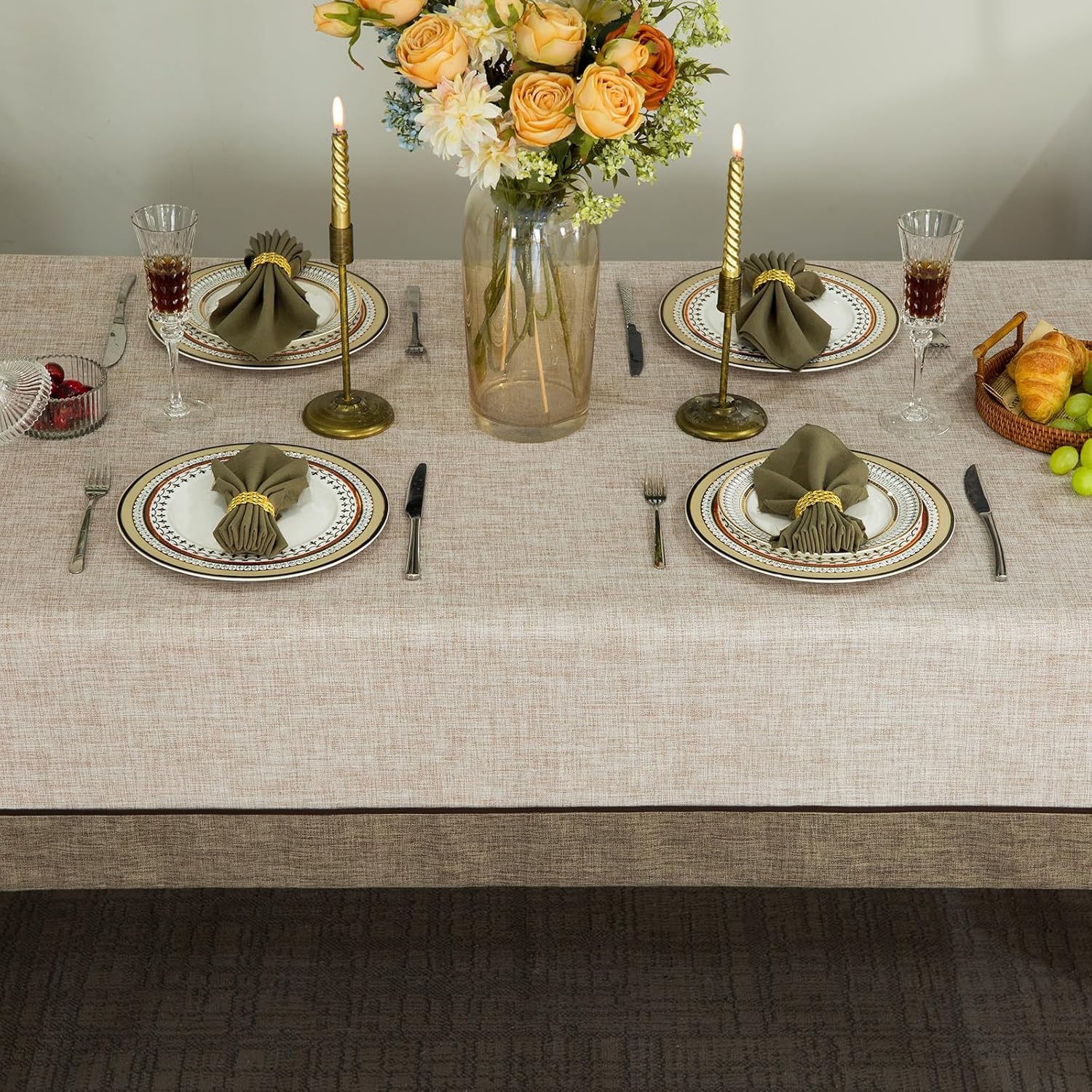 GLORY SEASON Classic Textured Linen Style Tablecloth,Rustic Washable,Solid Bordered Retro Rectangle Table Cloth,Kitchen Dinning Tabletop Decoration,Oblong Table Cover, Linen 55x102 Inch