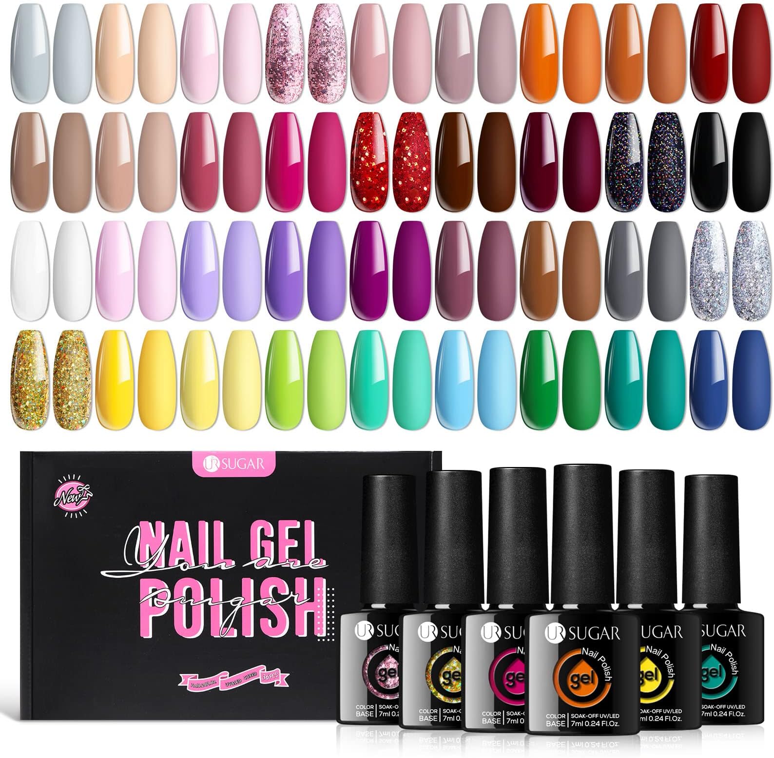 UR SUGAR 36 Colors Gel Nail Polish Set, All Seasons Collection Yellow Orange Red Green Blue Pink Glitter Gel Polish for Fall Winter Soak Off Gel Nail Art Kit Halloween Christmas Gifts for Women