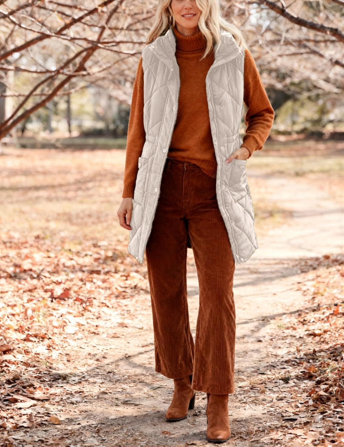 Athlisan Womens Long Puffer Vest Sleeveless Zip Up Stand Collar Padded Gilet Coat with Pockets(Apricot-S) - Image 5