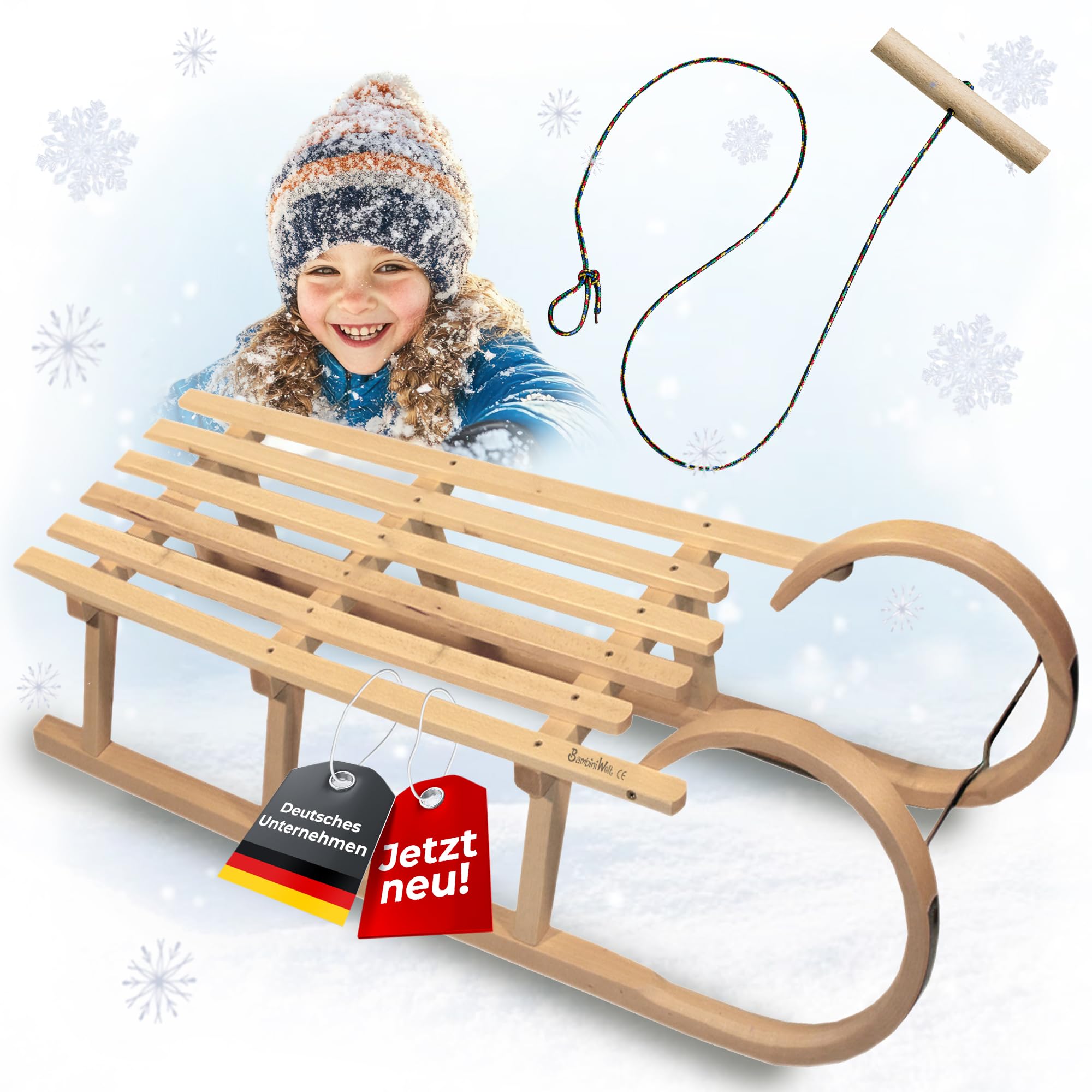 Hörnerrodel 120 cm für 2 Personen - Holzschlitten - massivem Buchenholz - Hörnerschlitten Rodelschlitten mit Zugseil & Holzgriff - Schneeschlitten robust Leichtlauf-Stahlkufen