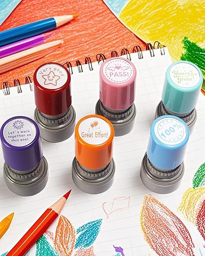 Miniatura 4 de Sellos redondos para profesores para aulas de calificación, juego de 6 sellos autoentintados de goma de color para profesores de tareas, suministros