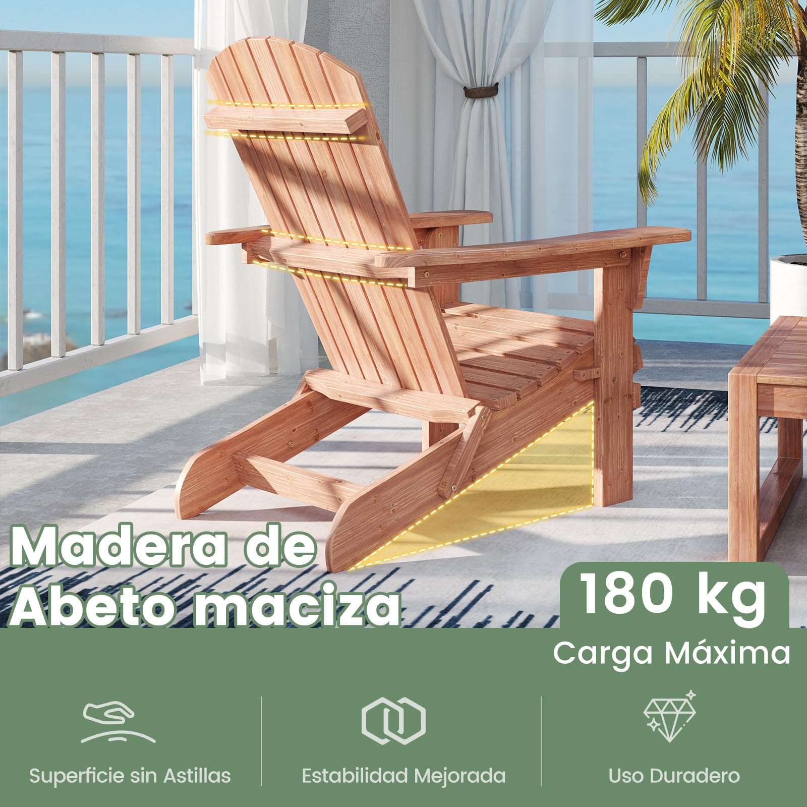 GIANTEX Juego de 1/2 Sillas Adirondack Plegables, Tumbona de Exterior con Estructura de Madera de Abeto, Respaldo Alto y Reposabrazos, Carga hasta 180 kg, Sillas para Patio, Jardín (1, Natural)