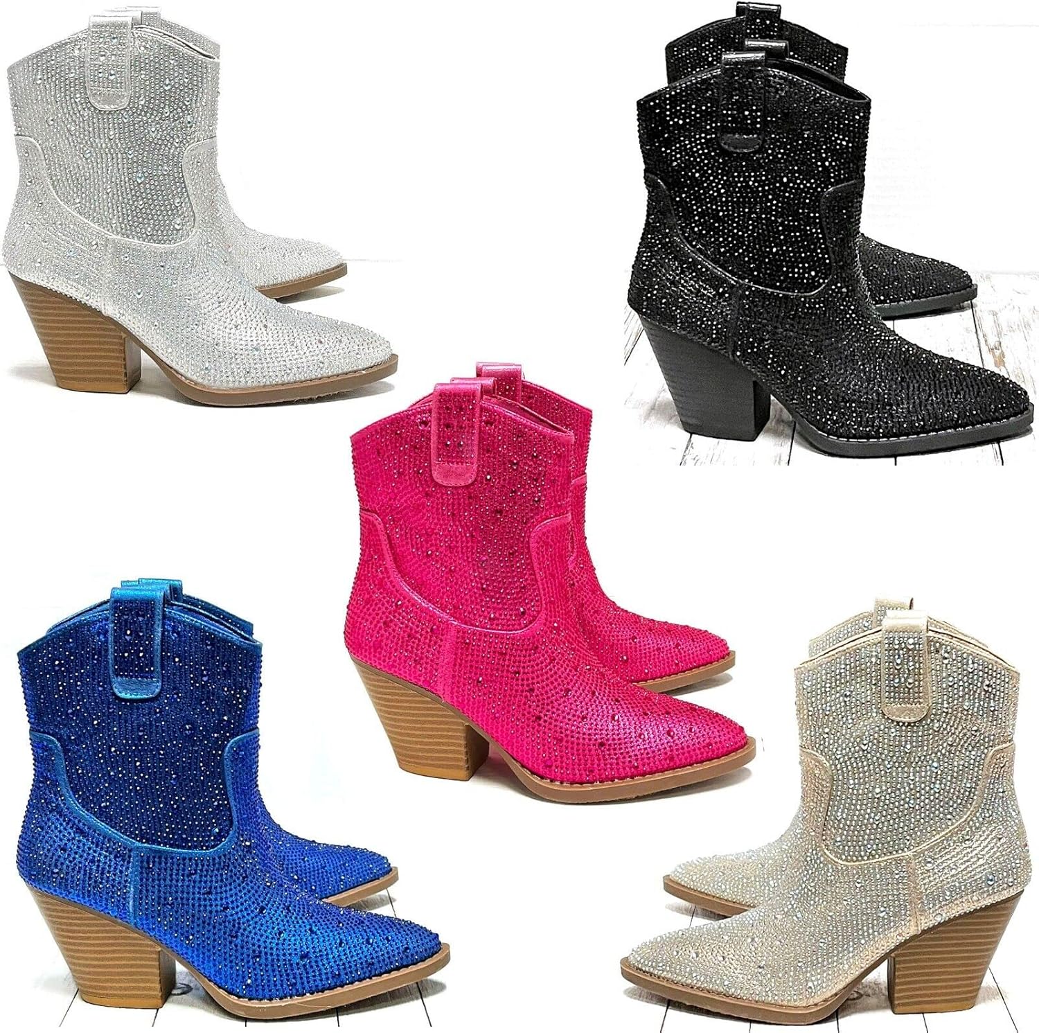 Women's Rhinestone Block Heel Ankle Boots River-01 By Forever White 6 - Image 7