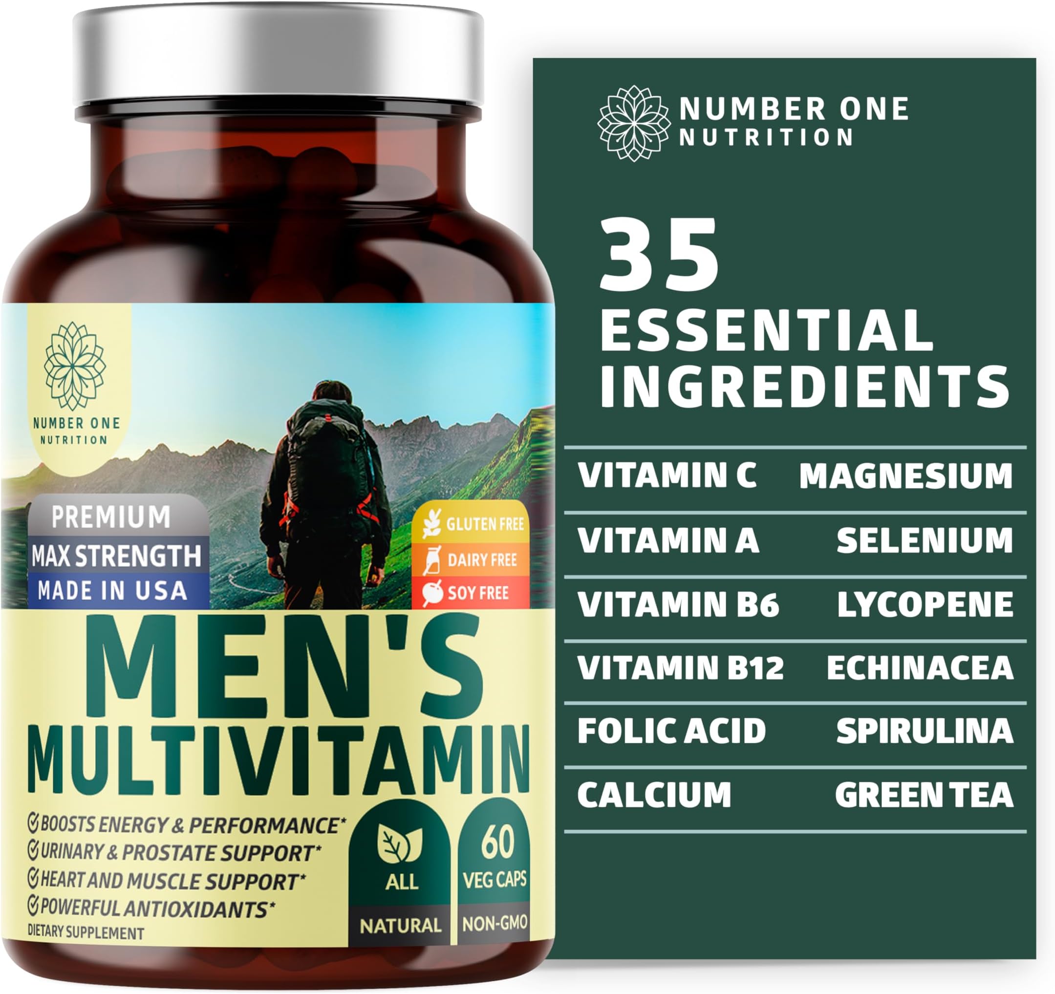 Premium Men's Daily Multivitamin Multimineral Supplement [Gluten Free, Non-GMO], Vitamins A C E D B1 B2 B3 B5 B6 B12, Magnesium, Biotin, Sprulina, and Zinc, 60 Veg Caps