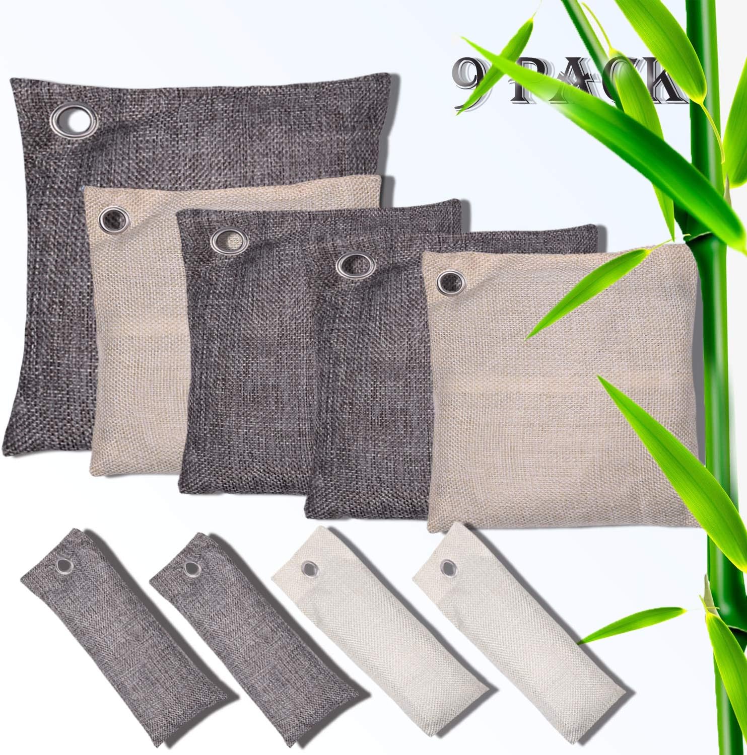 Bamboo Charcoal Air Purifying Bags 9 Pack (1X500G 4X200G 4X50G) Activated Charcoal Bags Charcoal Nature Air Freshener Charcoal Dehumidifier Car Air Purifier Closet Freshener Home Air Freshener