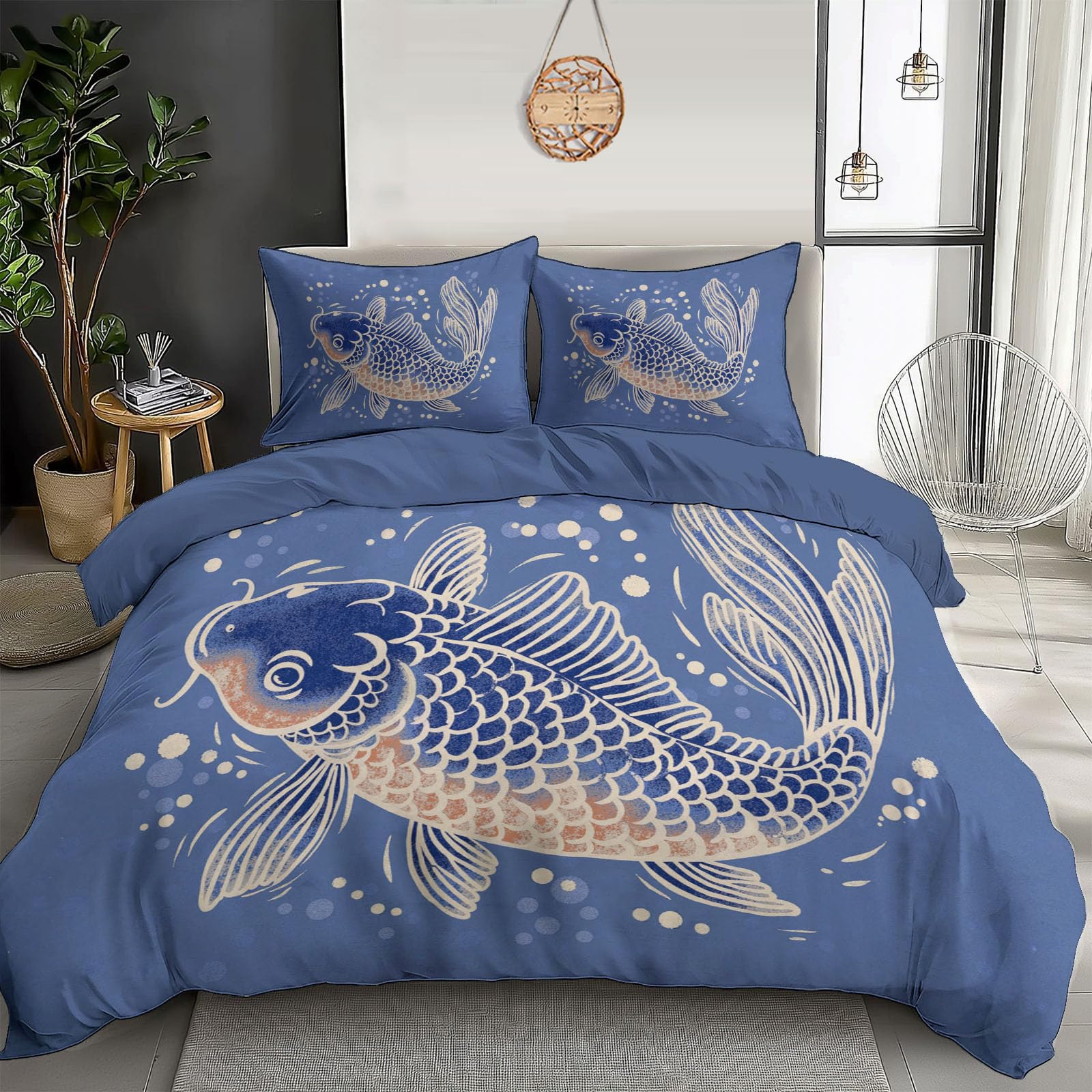 Parure de lit Japon carpe koï anti-rides avec housse de couette zippée 200x200