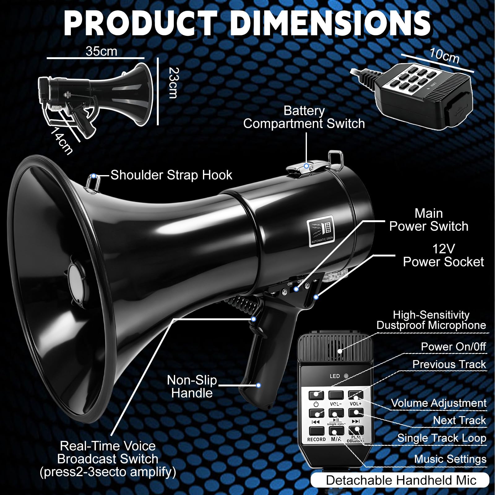 WingFly Megáfono 150W Bluetooth Grabación Alcance 2000m Altavoz Sirena Micrófono Externo USB